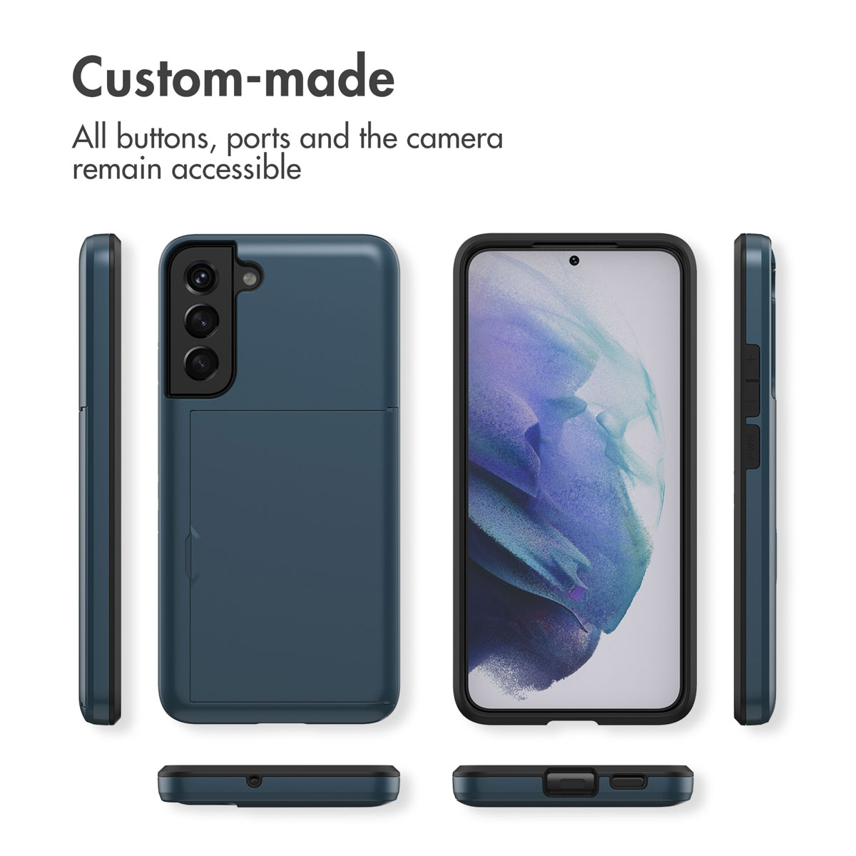 Smartphone bleu dans une coque de protection avec porte-cartes, sous plusieurs angles.