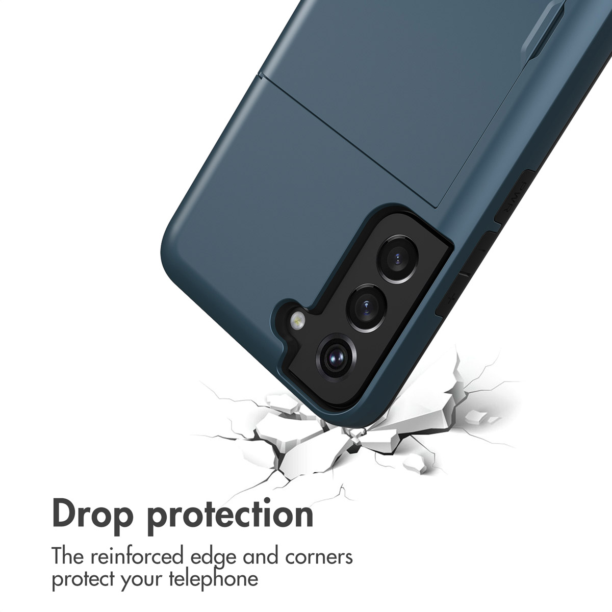 Coque de téléphone bleue avec triple appareil photo et protection antichute.