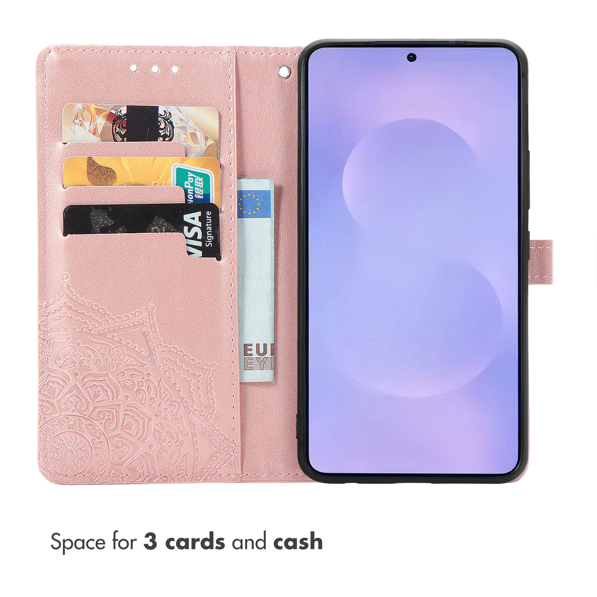 Funda de móvil tipo libro rosa con ranuras para tres tarjetas y un compartimento para billetes.