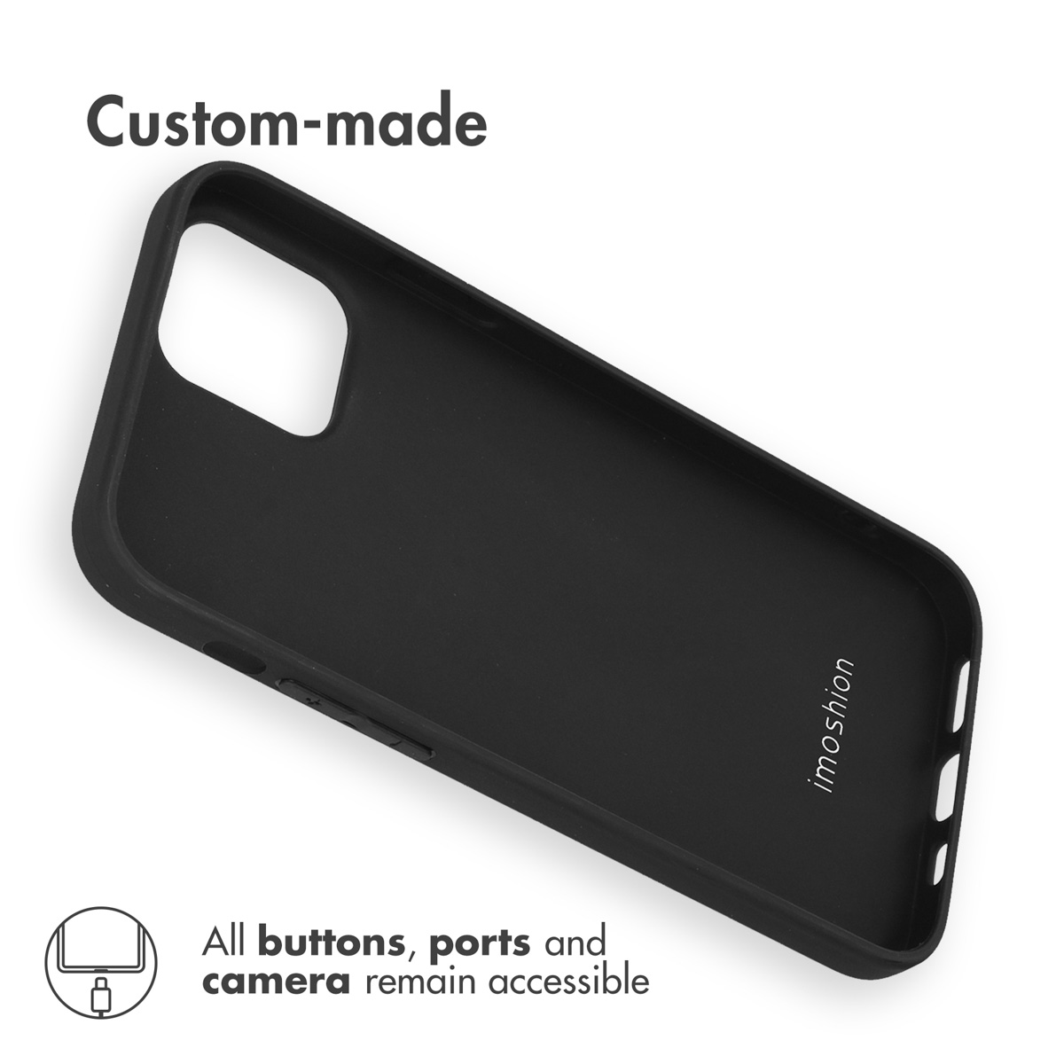 Czarne etui na telefon z tekstem w lewym górnym rogu i symbolami na dole.