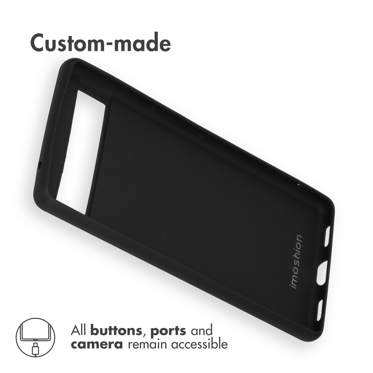Una cover nera per smartphone su sfondo bianco con testo sull'accessibilità.