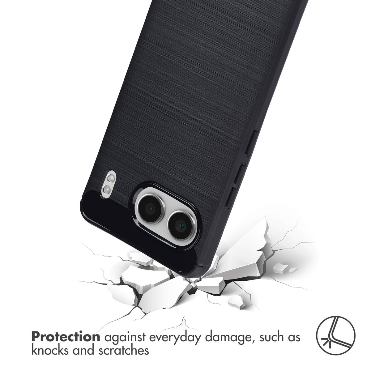 Custodia protettiva nera per smartphone che previene urti, su uno sfondo bianco screpolato.