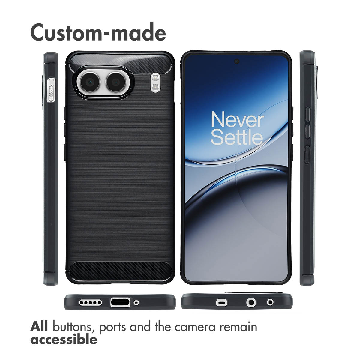Custodia protettiva nera con texture spazzolata per smartphone, mostrata da più angolazioni.