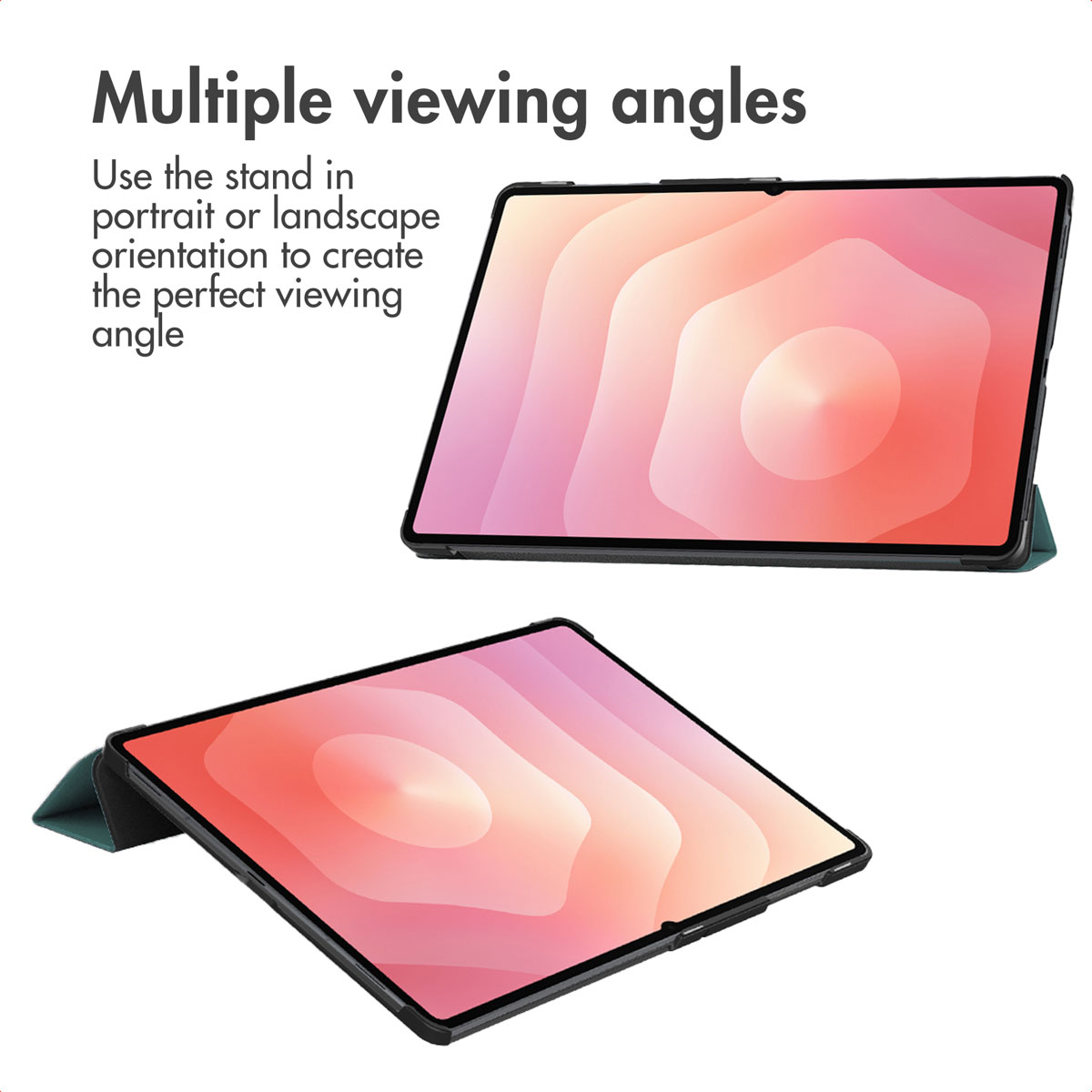 Une tablette dans une coque de protection avec support intégré pour plusieurs angles.