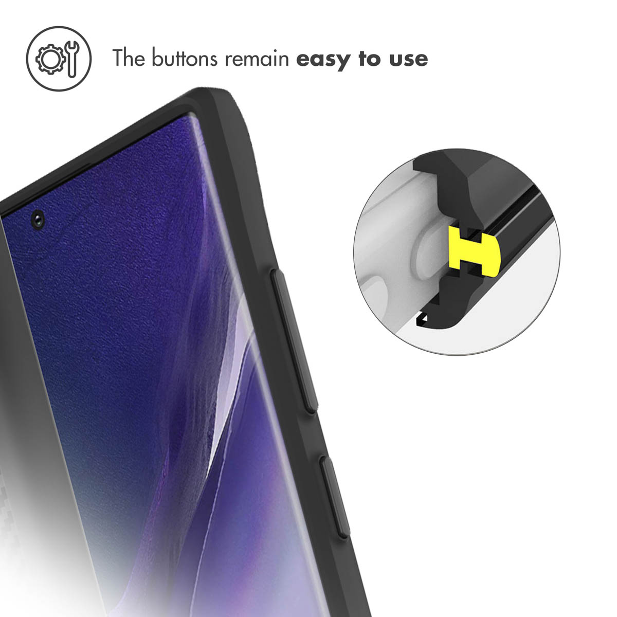 Primo piano di uno smartphone in custodia, che evidenzia i pulsanti facili da usare.