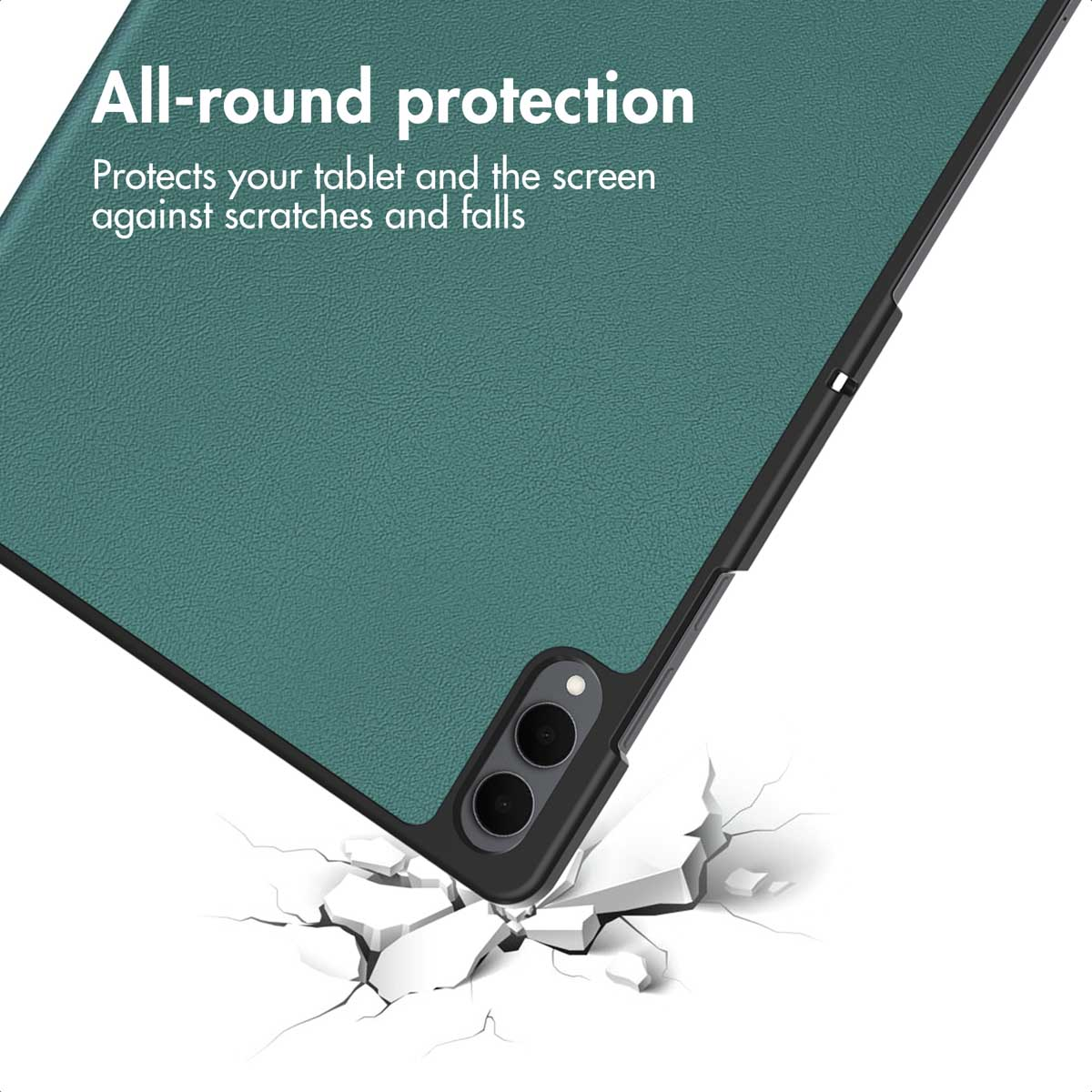 Un étui de tablette sarcelle sur une surface blanche brisée, avec du texte promotionnel.