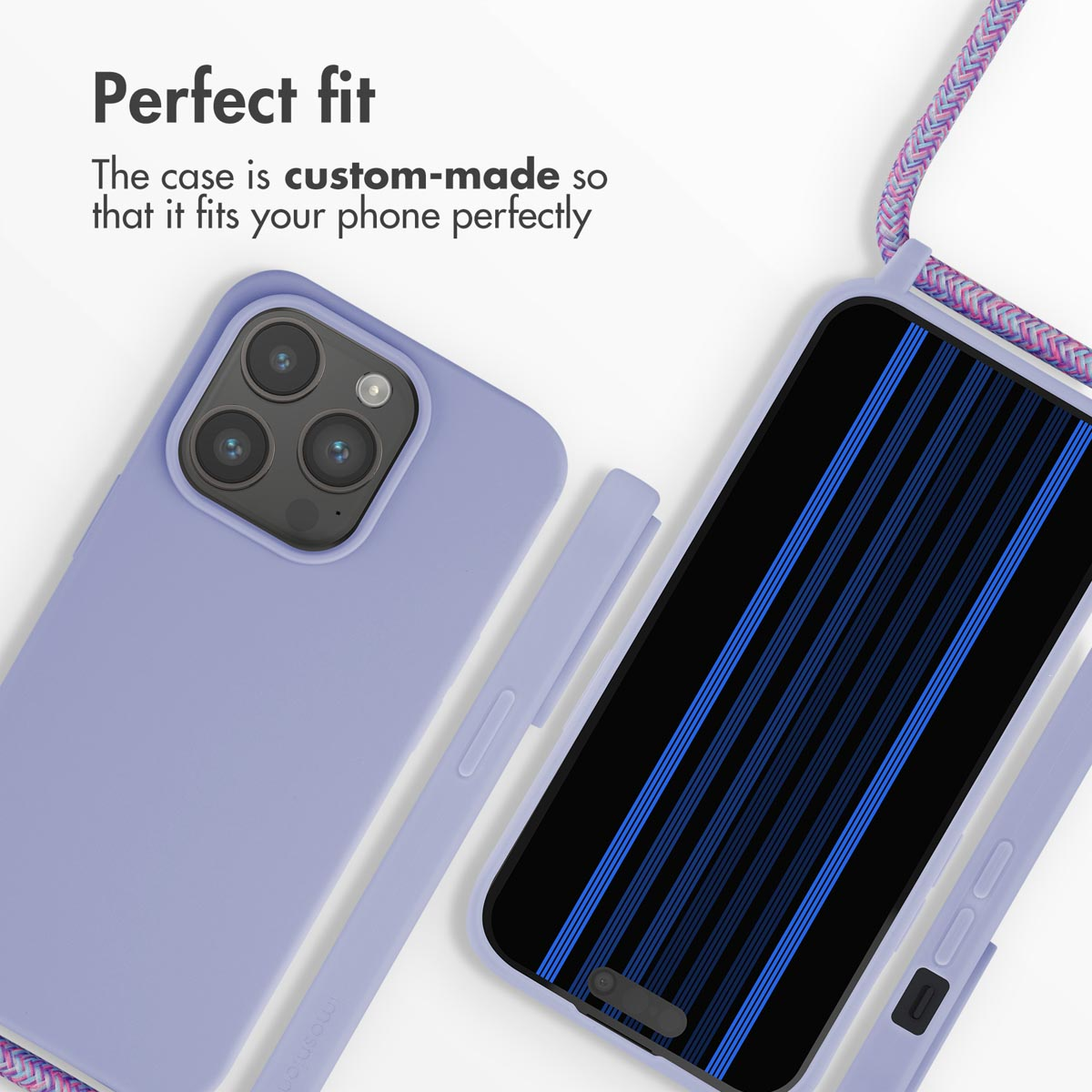 Funda de móvil morada con cordón a juego, hecha a medida para adaptarse perfectamente a un teléfono.