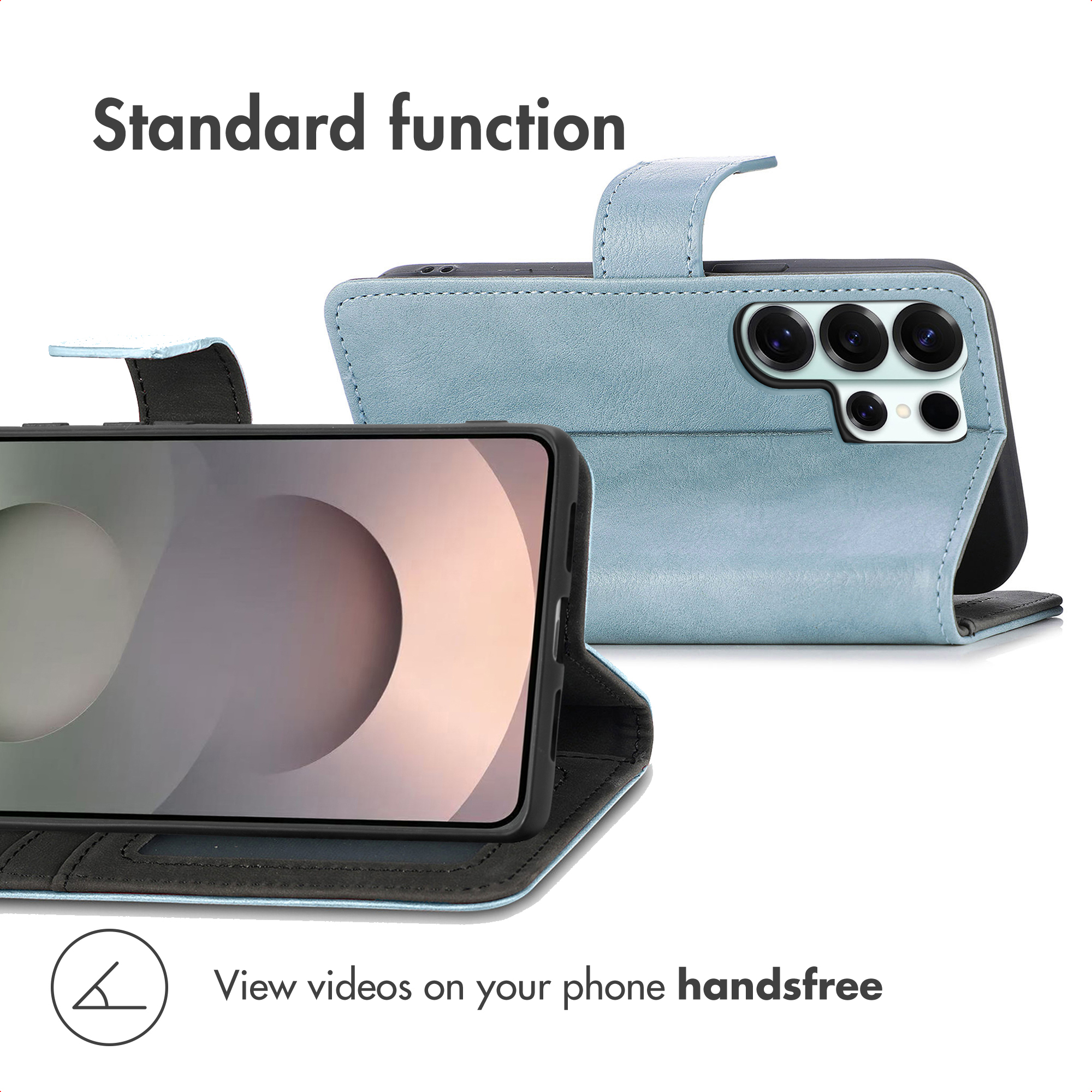 Una custodia per telefono in pelle azzurra con smartphone, mostrata di fronte e retro su sfondo bianco.