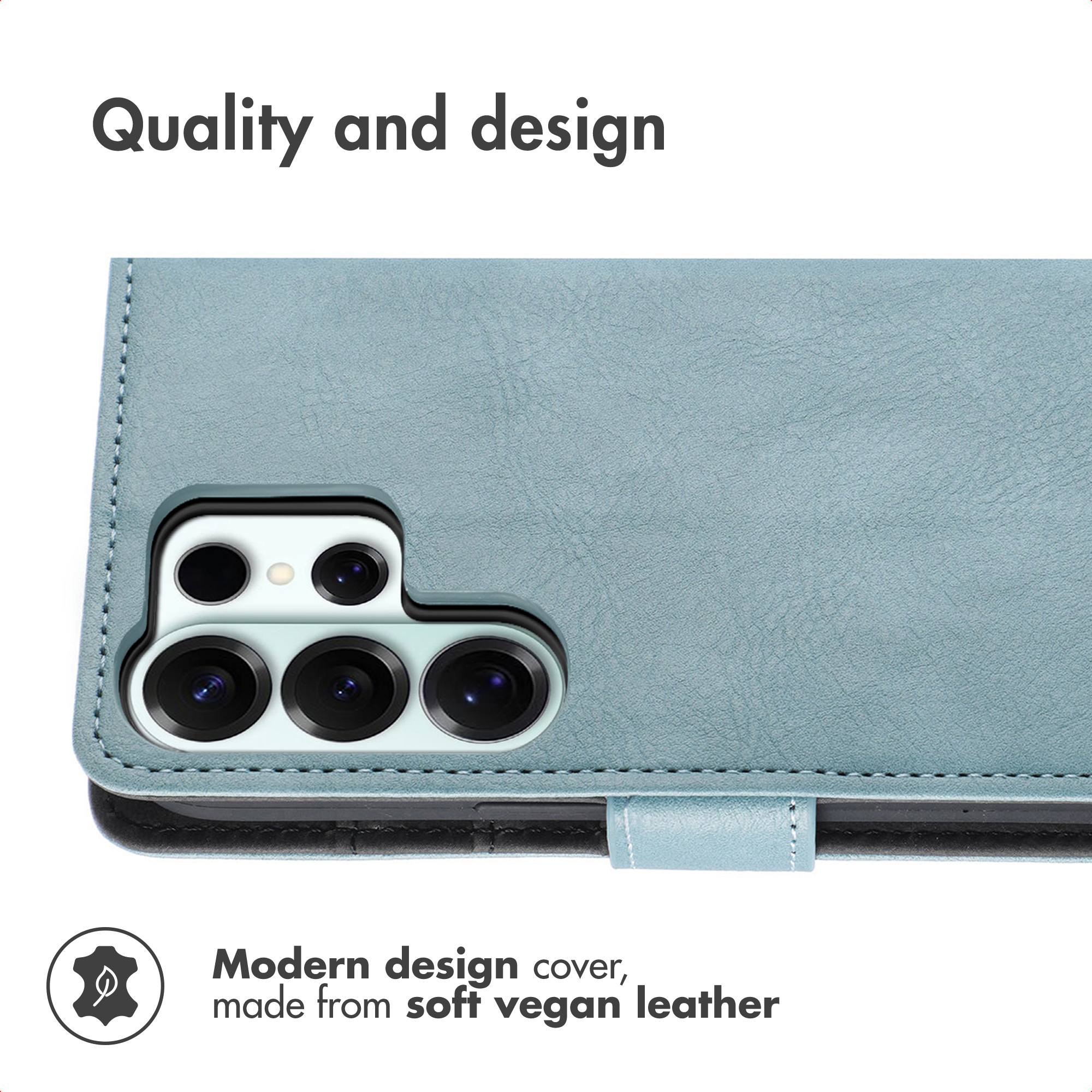 Custodia per telefono in pelle vegana blu con ritaglio per fotocamera e testo.