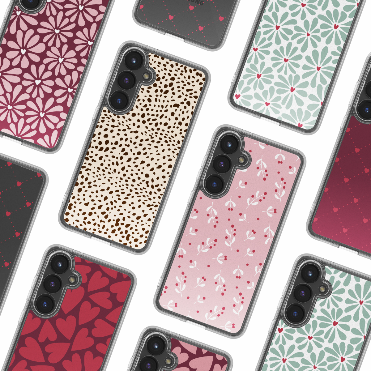 Varias fundas de smartphone con diversos patrones como flores, corazones y estampado animal sobre fondo blanco.