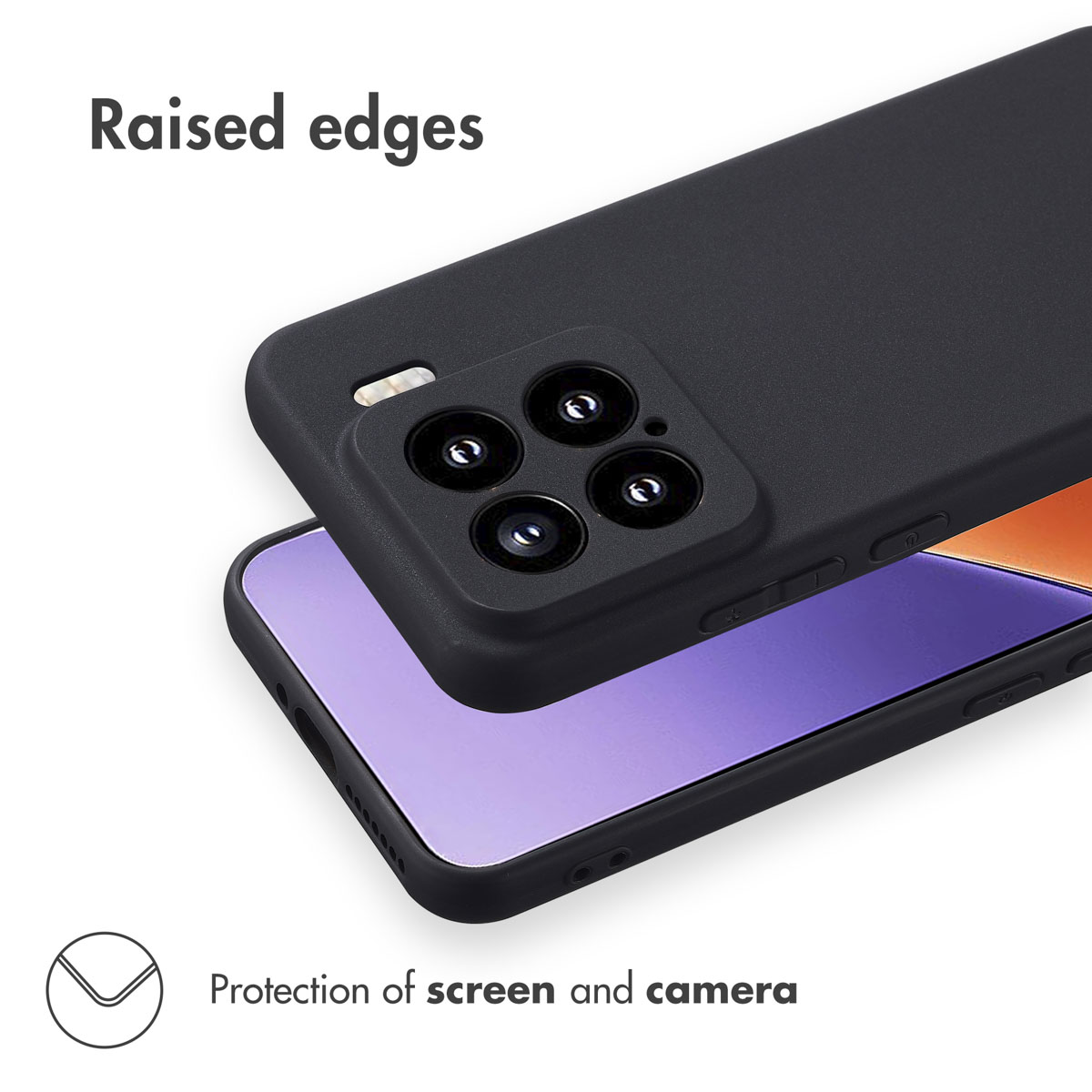 Funda de móvil negra con bordes elevados para proteger pantalla y cámara.