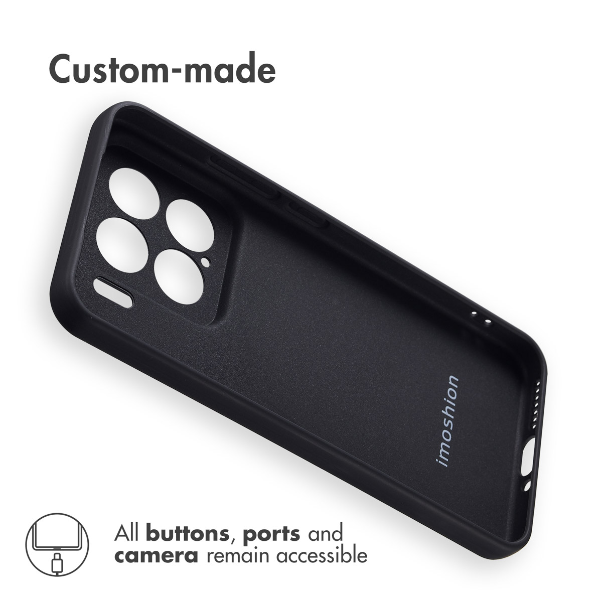 Una funda de smartphone negra con recortes precisos para la cámara y los puertos.