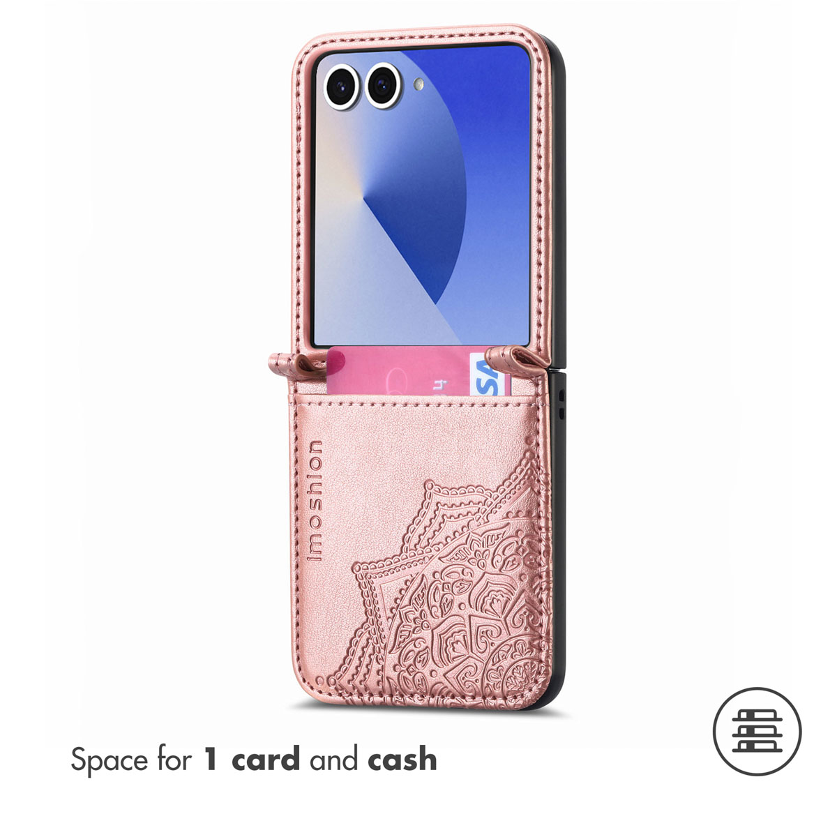 Une coque de téléphone en cuir rose avec un motif mandala contient une carte et de l'argent.