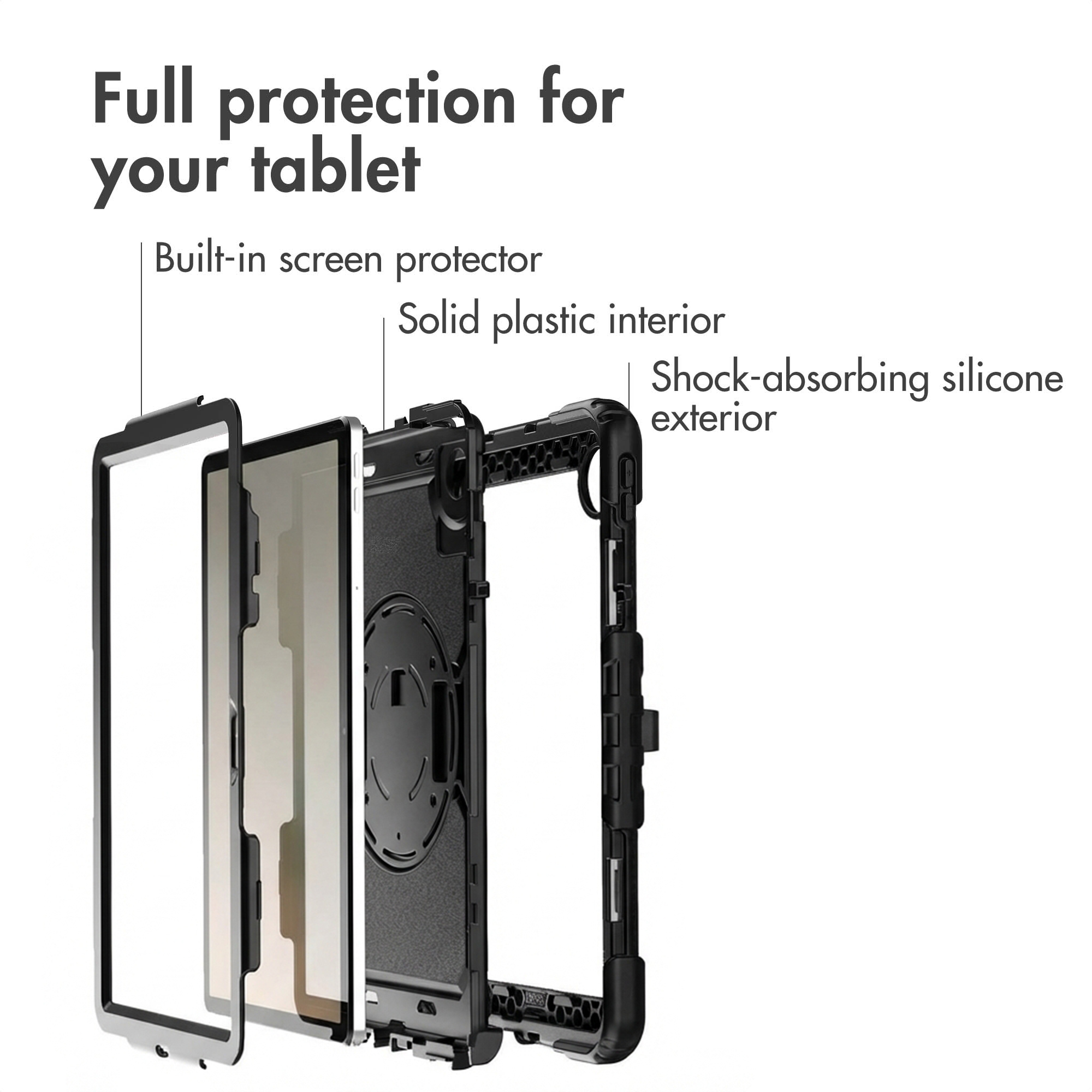 Explosietekening van een robuuste tablethoes met schermprotector, plastic binnenkant en silicone buitenkant.