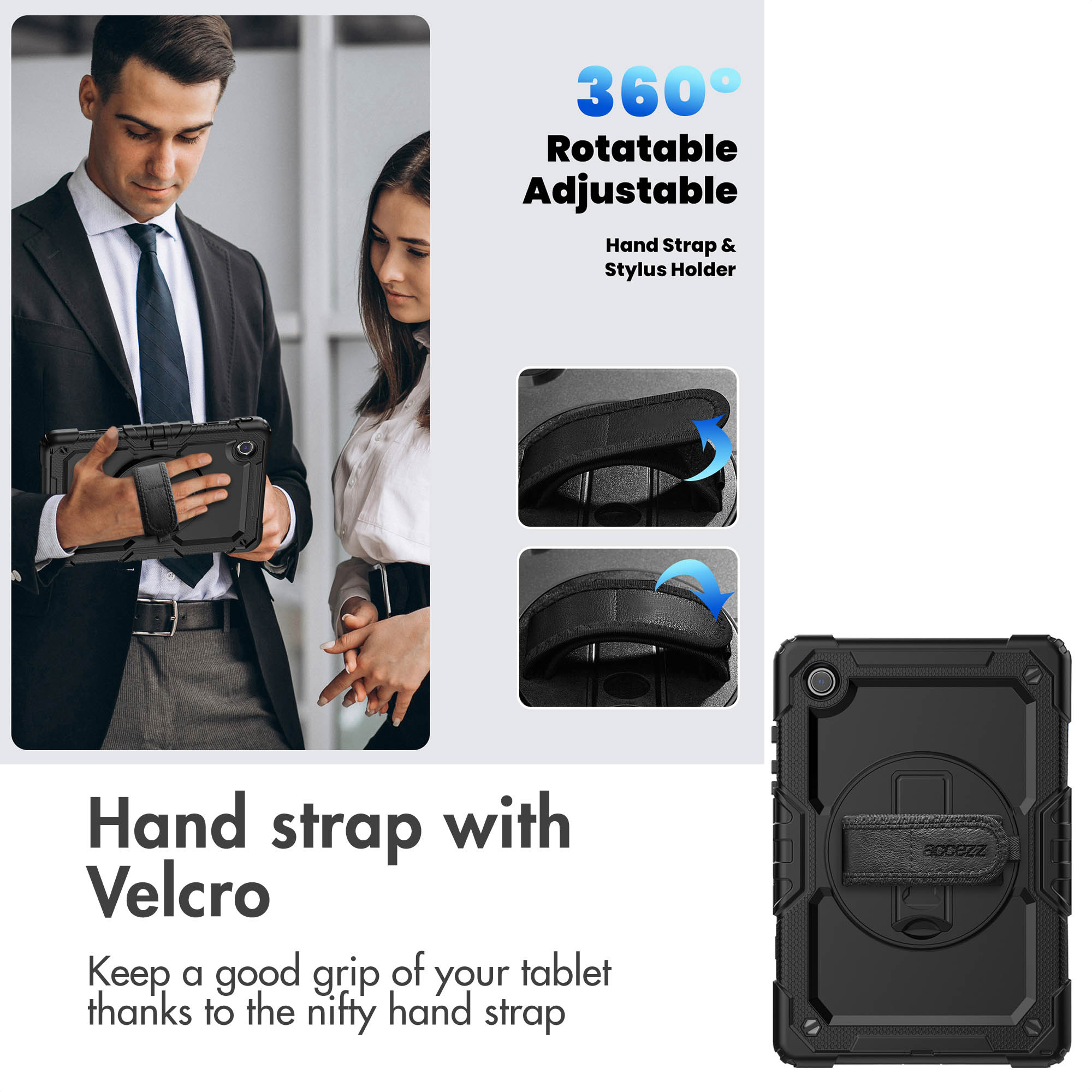 Tablet hoes met verstelbare handriem, klittenband en stylus houder voor een goede grip.