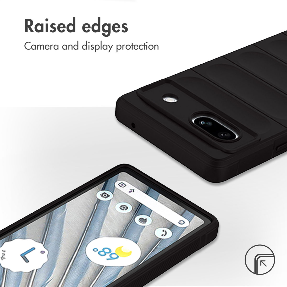I bordi rialzati proteggono fotocamera e schermo di uno smartphone nero.
