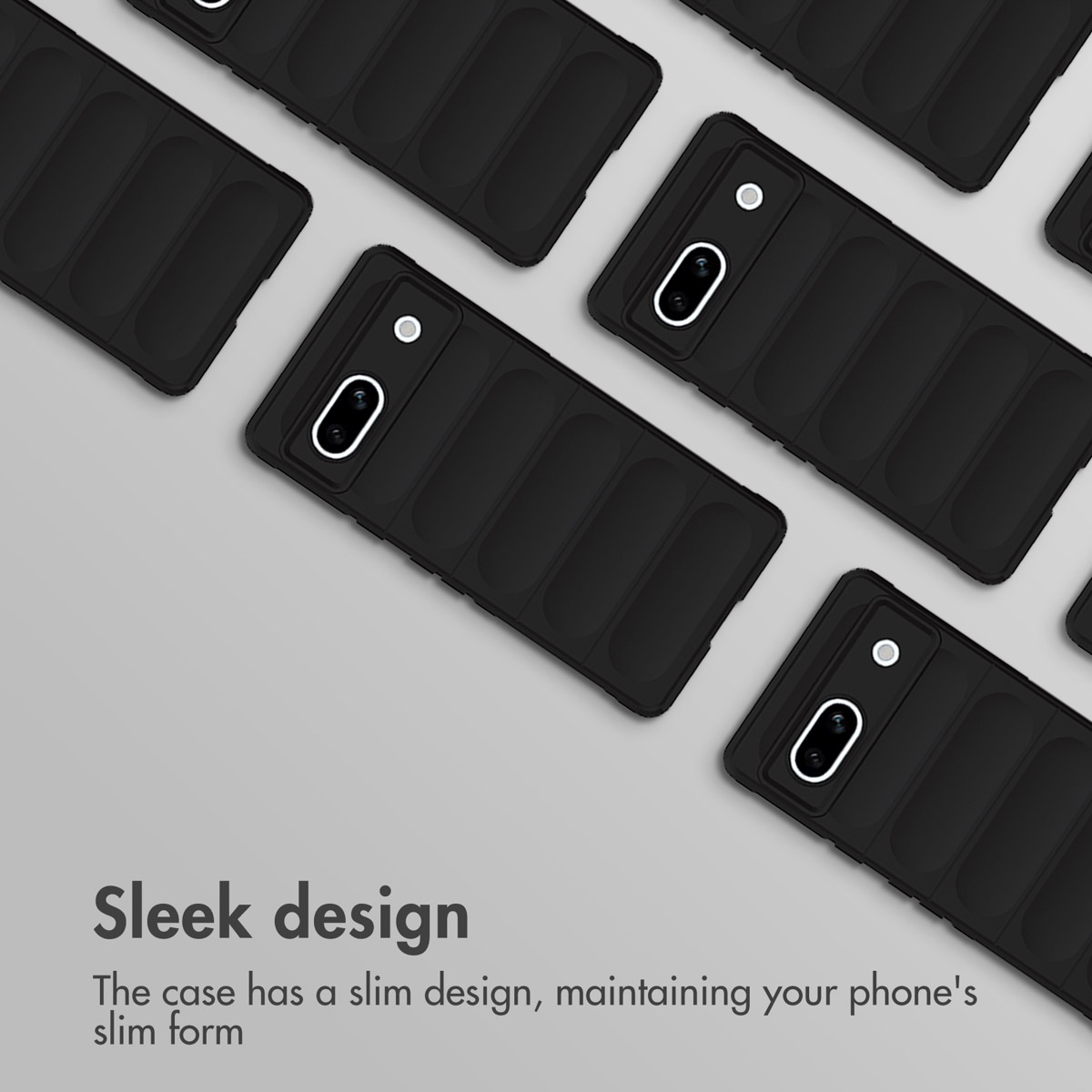 Diverse custodie nere per smartphone disposte in file su sfondo grigio, con testo in basso.