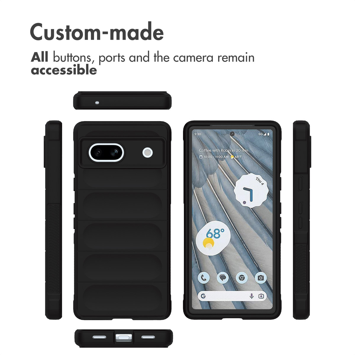 Custodia protettiva nera per smartphone mostrata da più angolazioni.