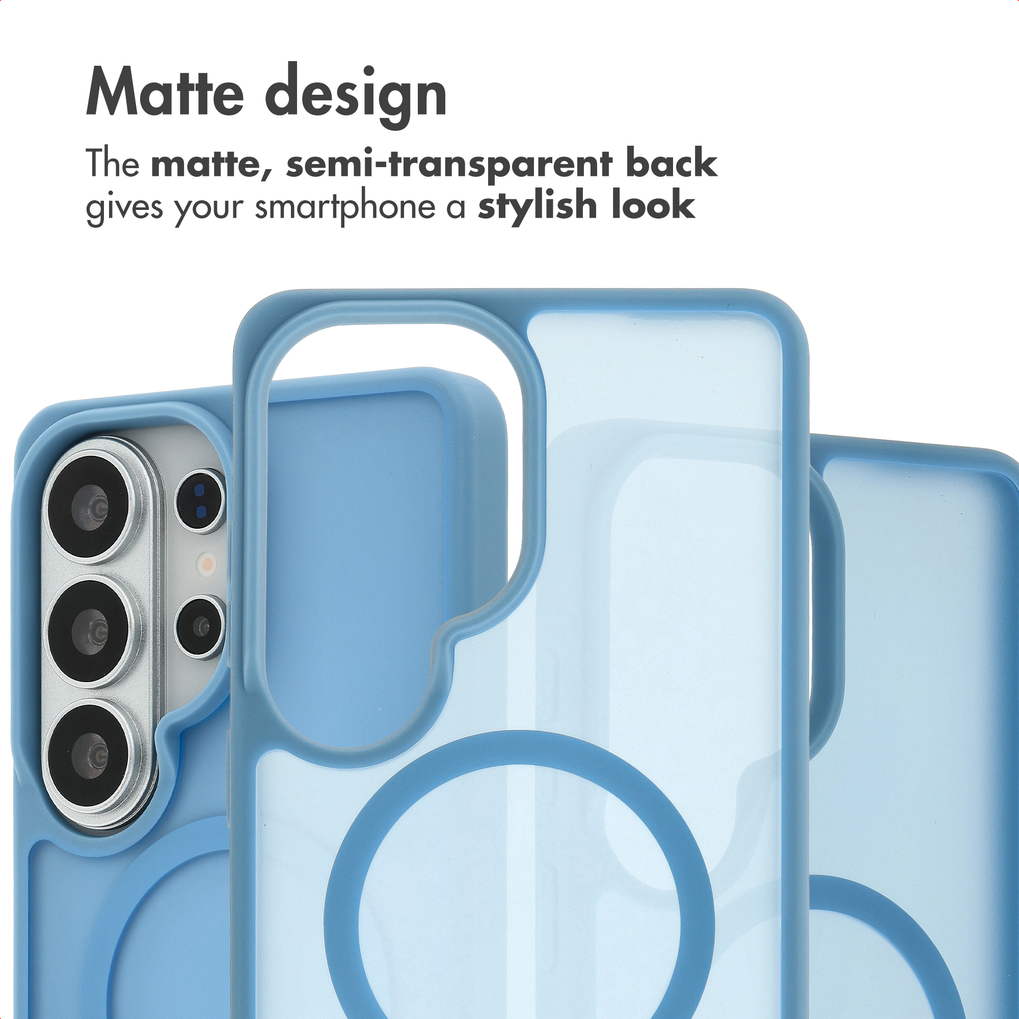Coque de smartphone bleue mate et semi-transparente avec découpe pour appareil photo.