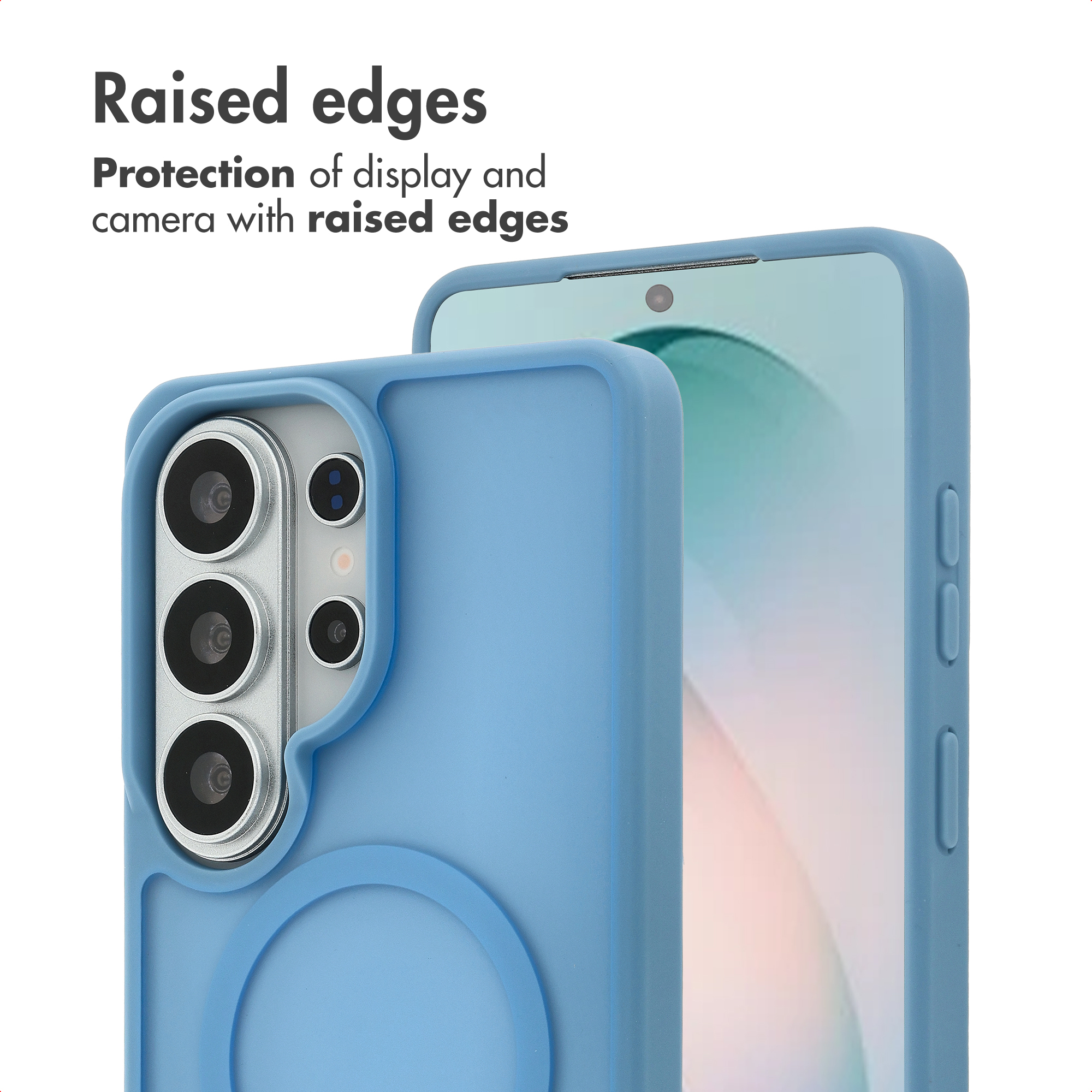 Une coque de téléphone bleu clair montrant des bords surélevés pour protéger la caméra et l'écran.