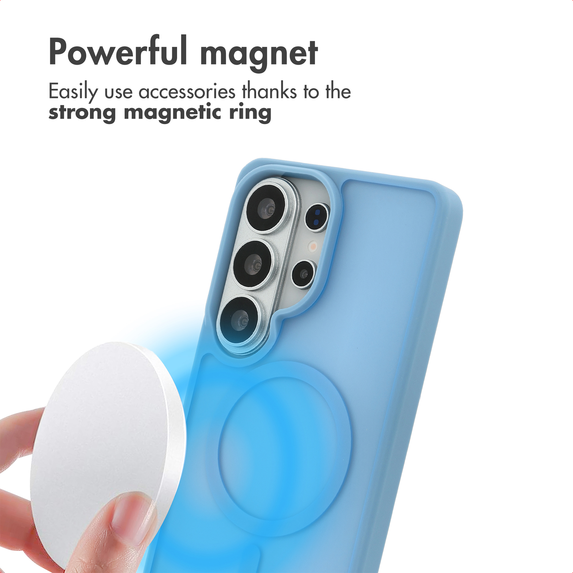 Coque de téléphone bleue avec anneau magnétique et texte.