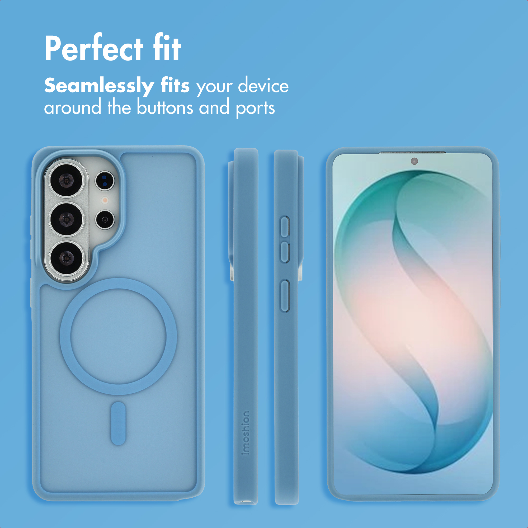 Une coque de téléphone bleu clair sous plusieurs angles sur fond bleu, mettant en valeur les découpes et boutons.