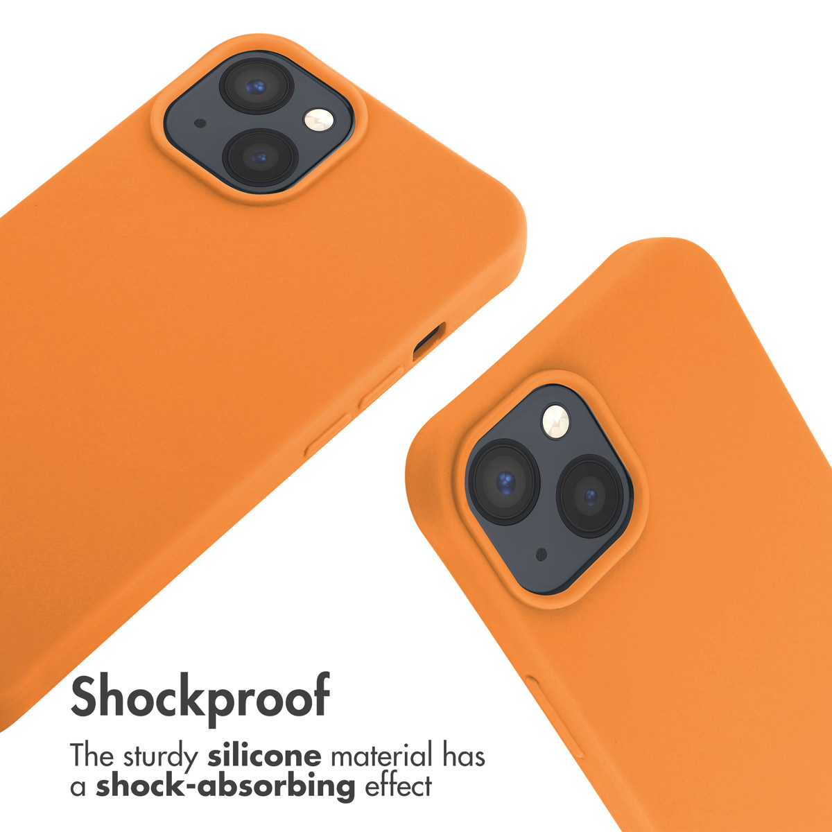 Deux coques de téléphone en silicone orange sur fond blanc avec du texte antichoc.