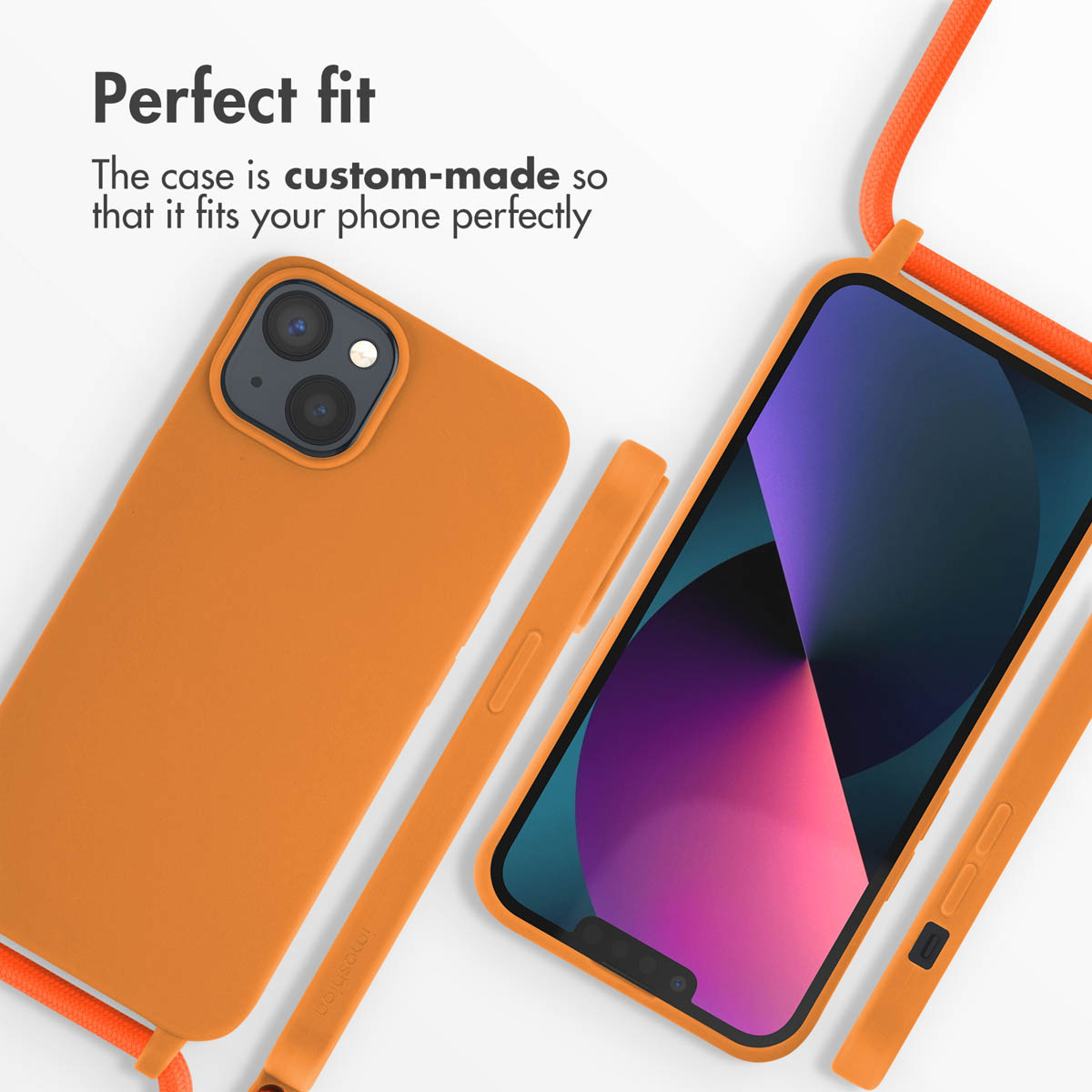 Une coque de téléphone orange avec lanière et smartphone sur fond clair avec texte.