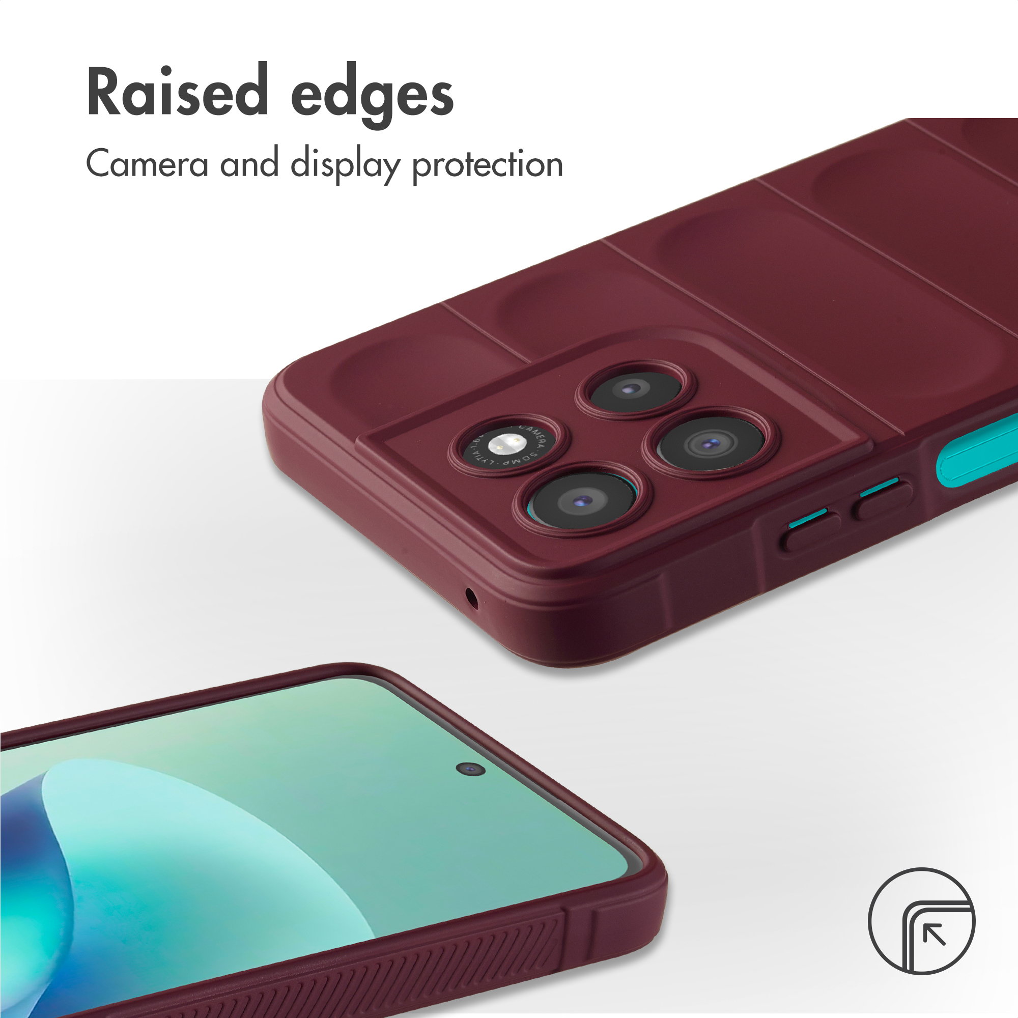 Una custodia bordeaux con bordi rialzati per proteggere fotocamera e display, e pulsanti turchesi.