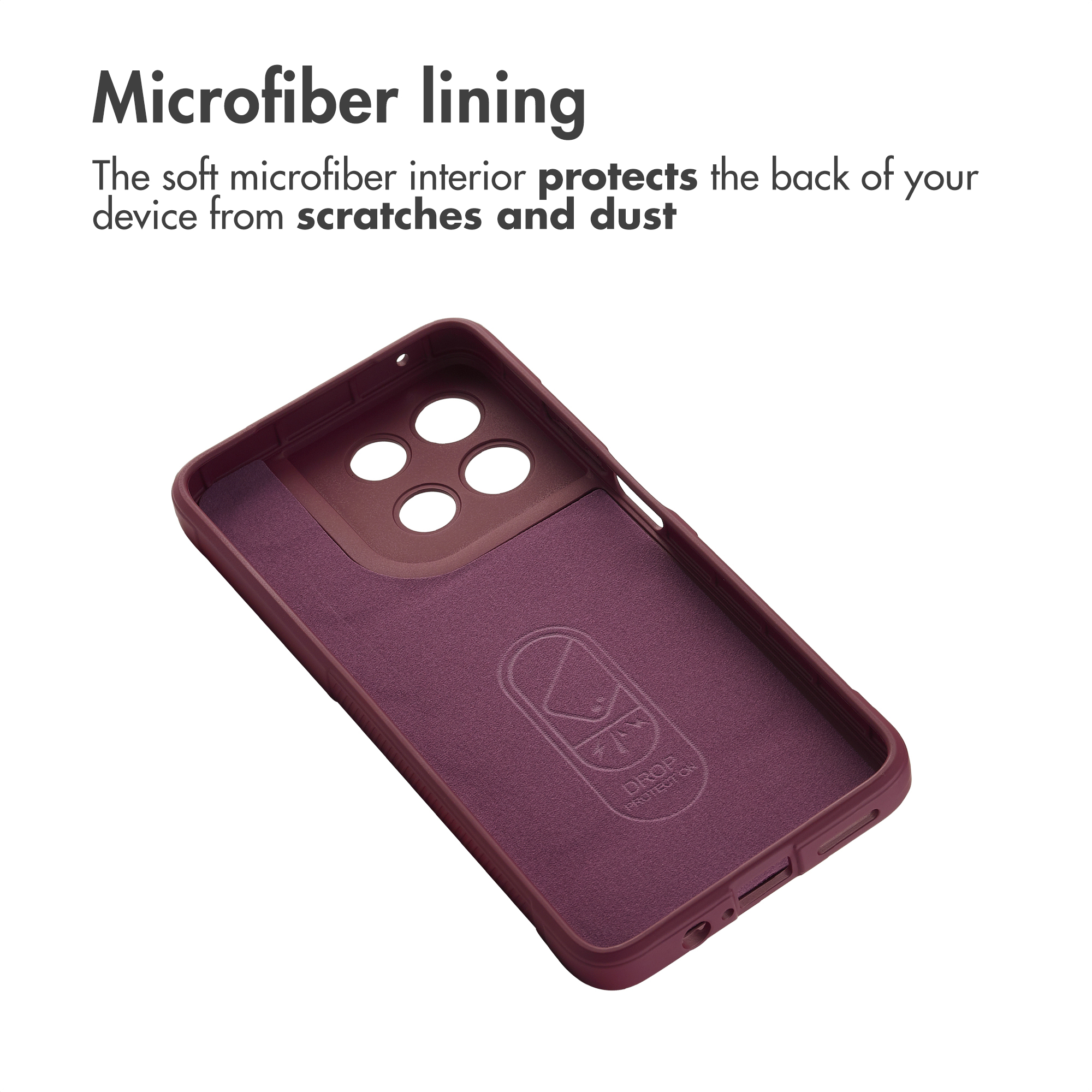 Custodia per telefono bordeaux con morbida fodera in microfibra e ritagli per fotocamera.