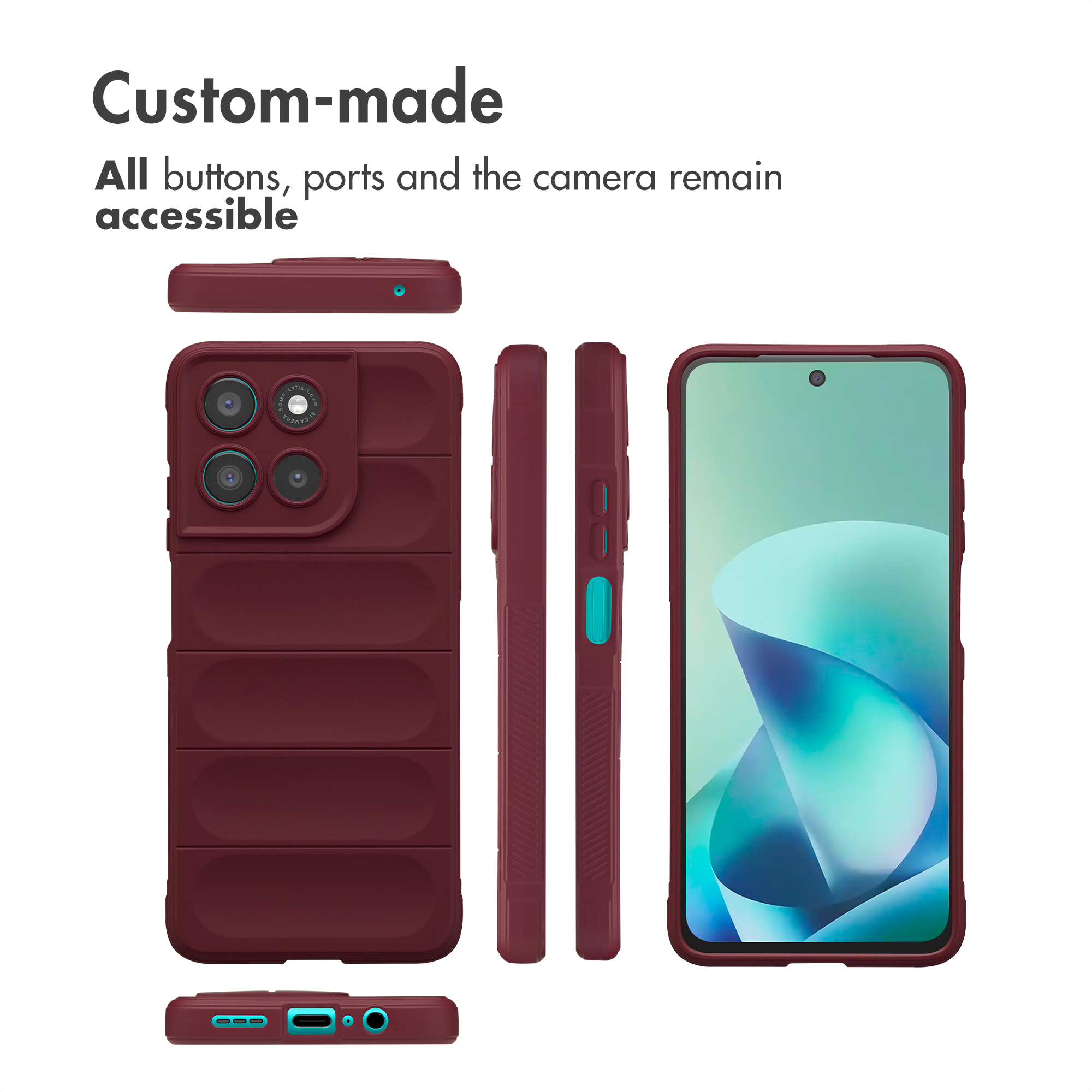 Smartphone rosso con custodia protettiva da varie angolazioni e testo in alto.