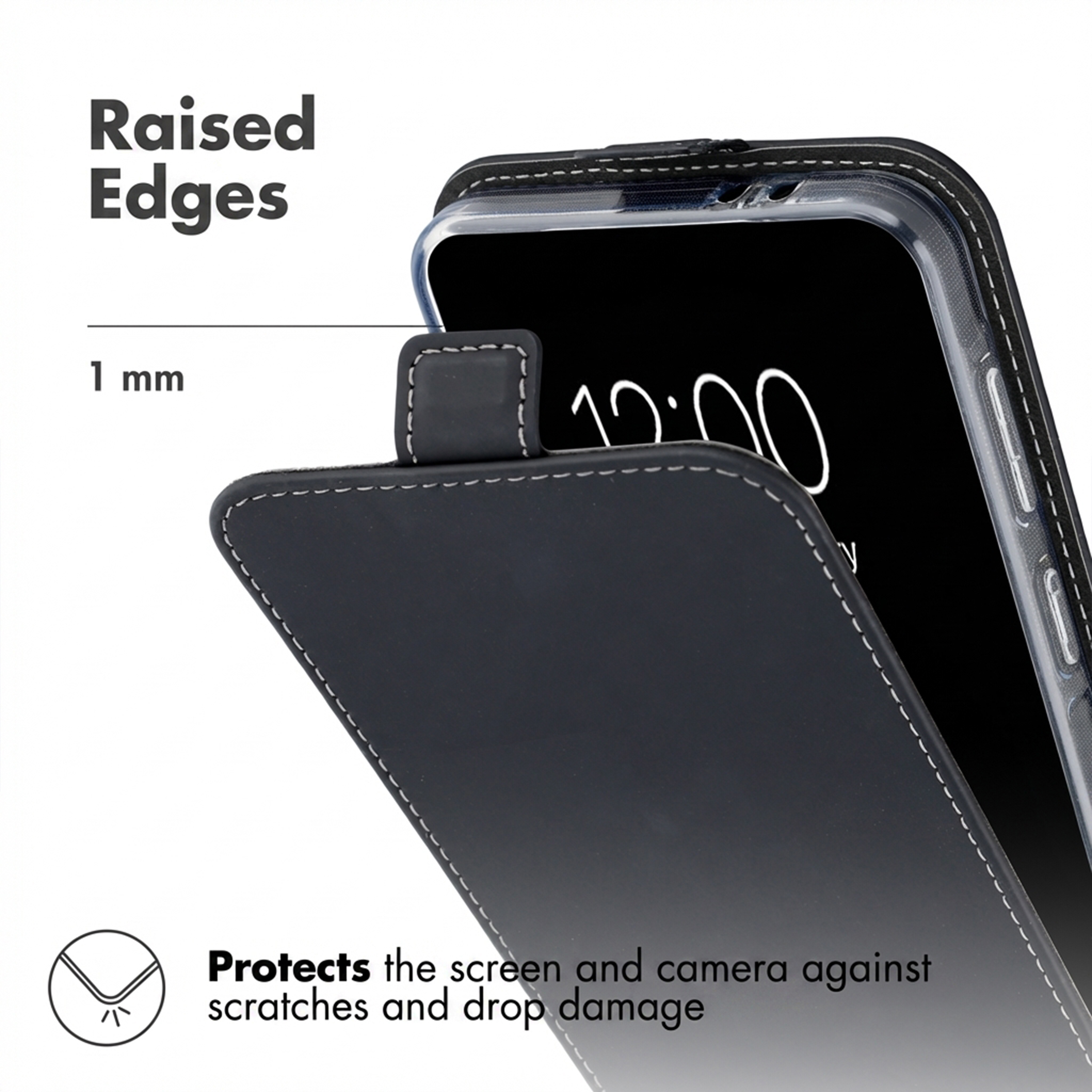 Funda de móvil negra con bordes elevados de 1 mm para proteger pantalla y cámara.
