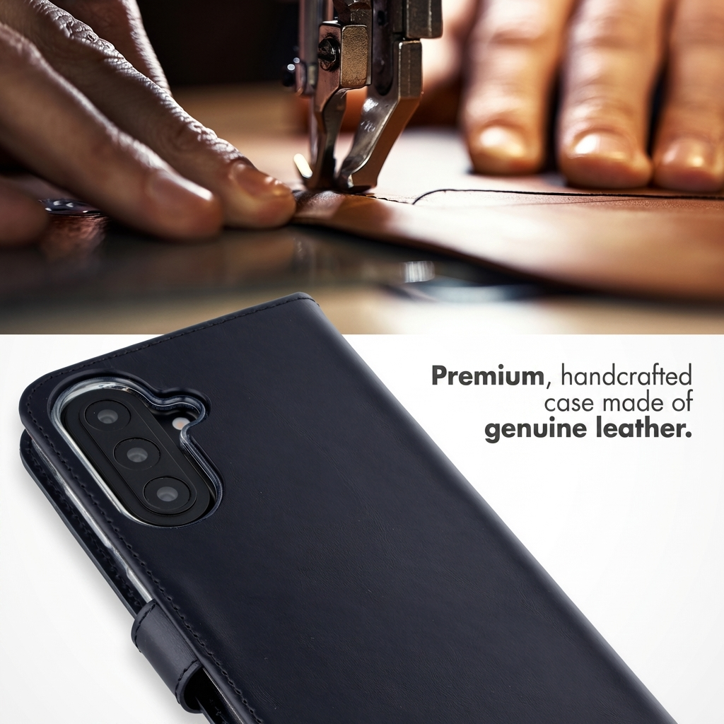 Étui en cuir véritable fait main avec coutures visibles et découpe pour l'appareil photo.