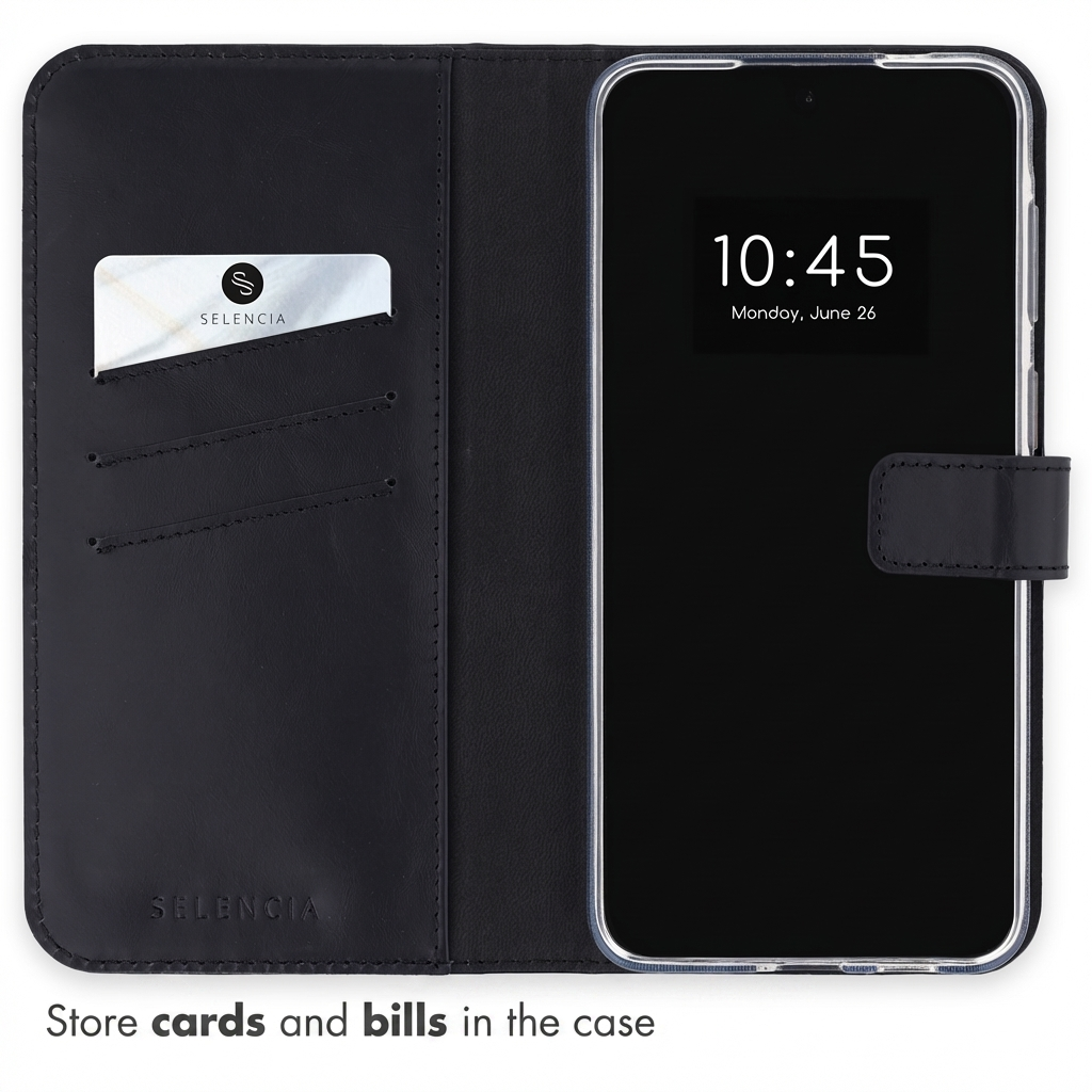 Un étui portefeuille en cuir noir pour smartphone avec fentes et téléphone affichant 10h45.
