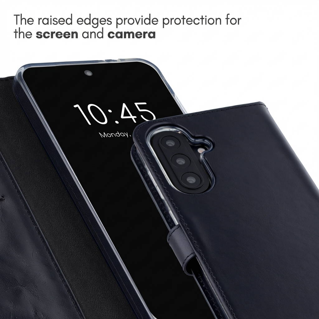 Coque de téléphone en cuir bleu foncé avec triple caméra et écran.