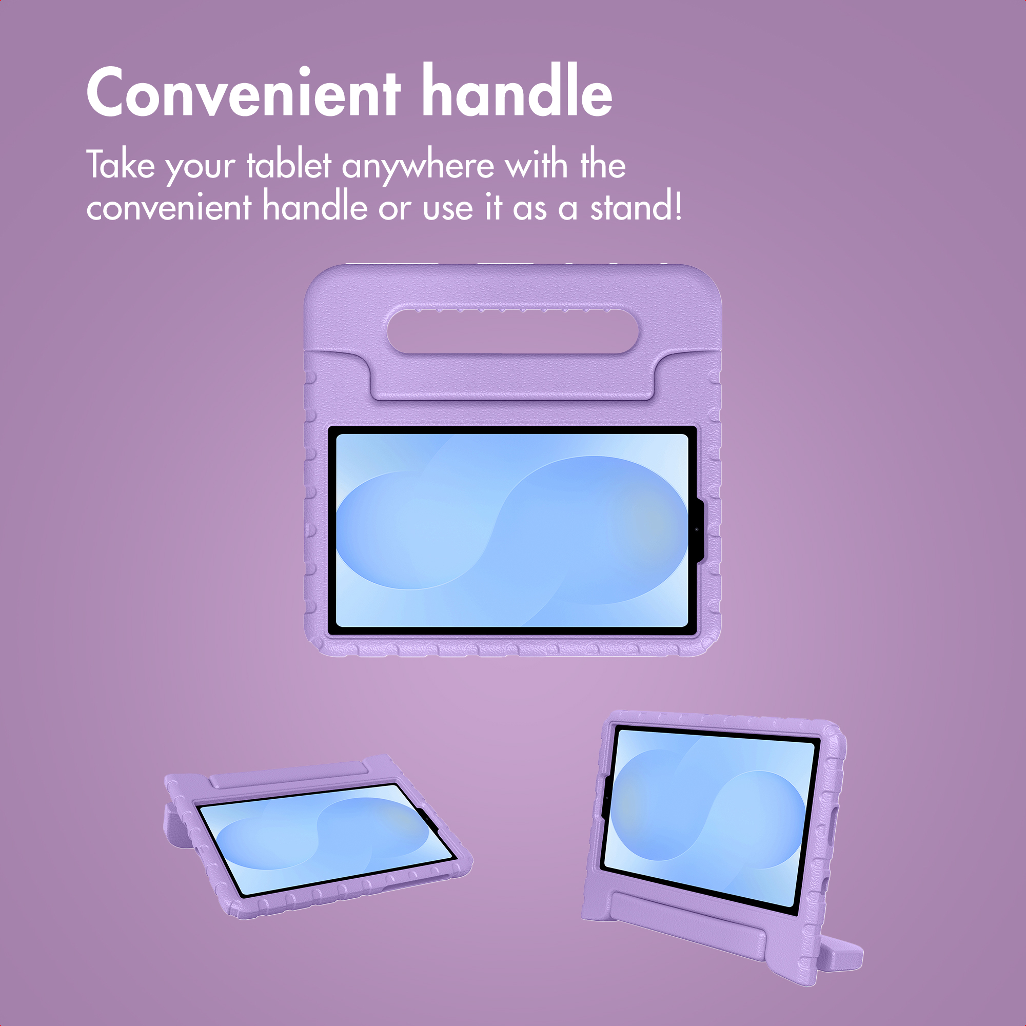 Une coque de tablette violette avec poignée et support, sur fond violet avec du texte.
