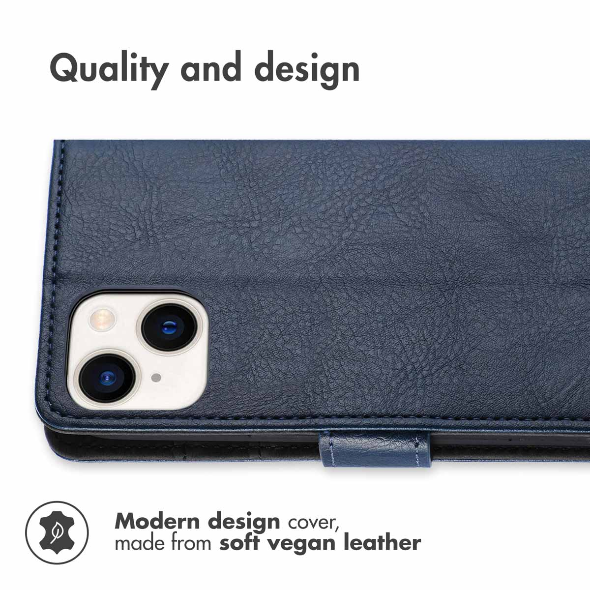 Blue vegan leather phone case with camera cutout and text.