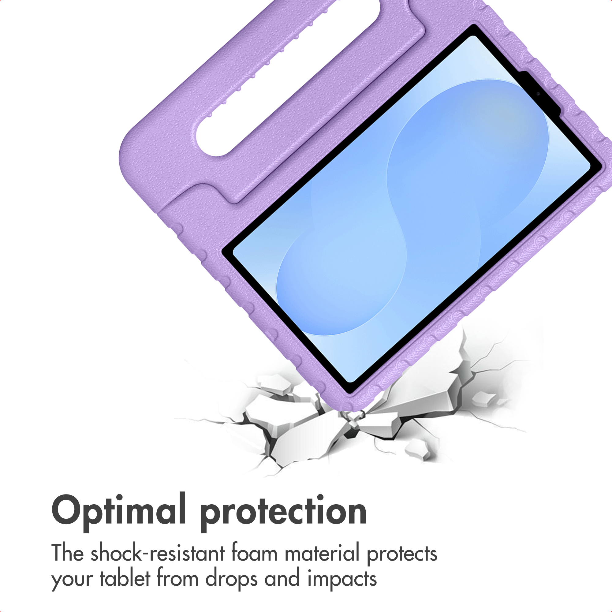 Un étui de tablette violet plane au-dessus d'un sol fissuré. Texte : Optimal protection.