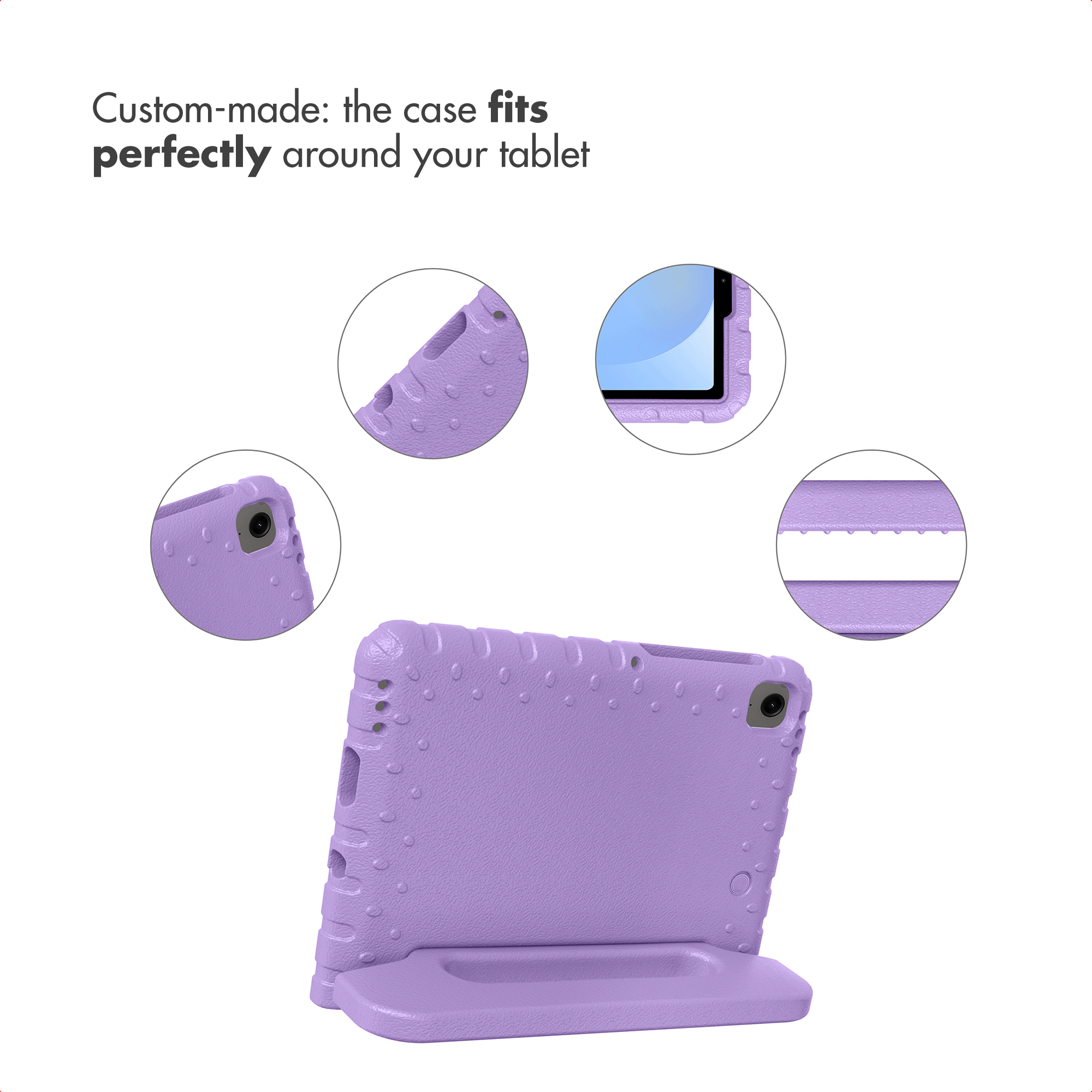 Étui pour tablette violet avec support intégré et vues rapprochées des boutons et ports.