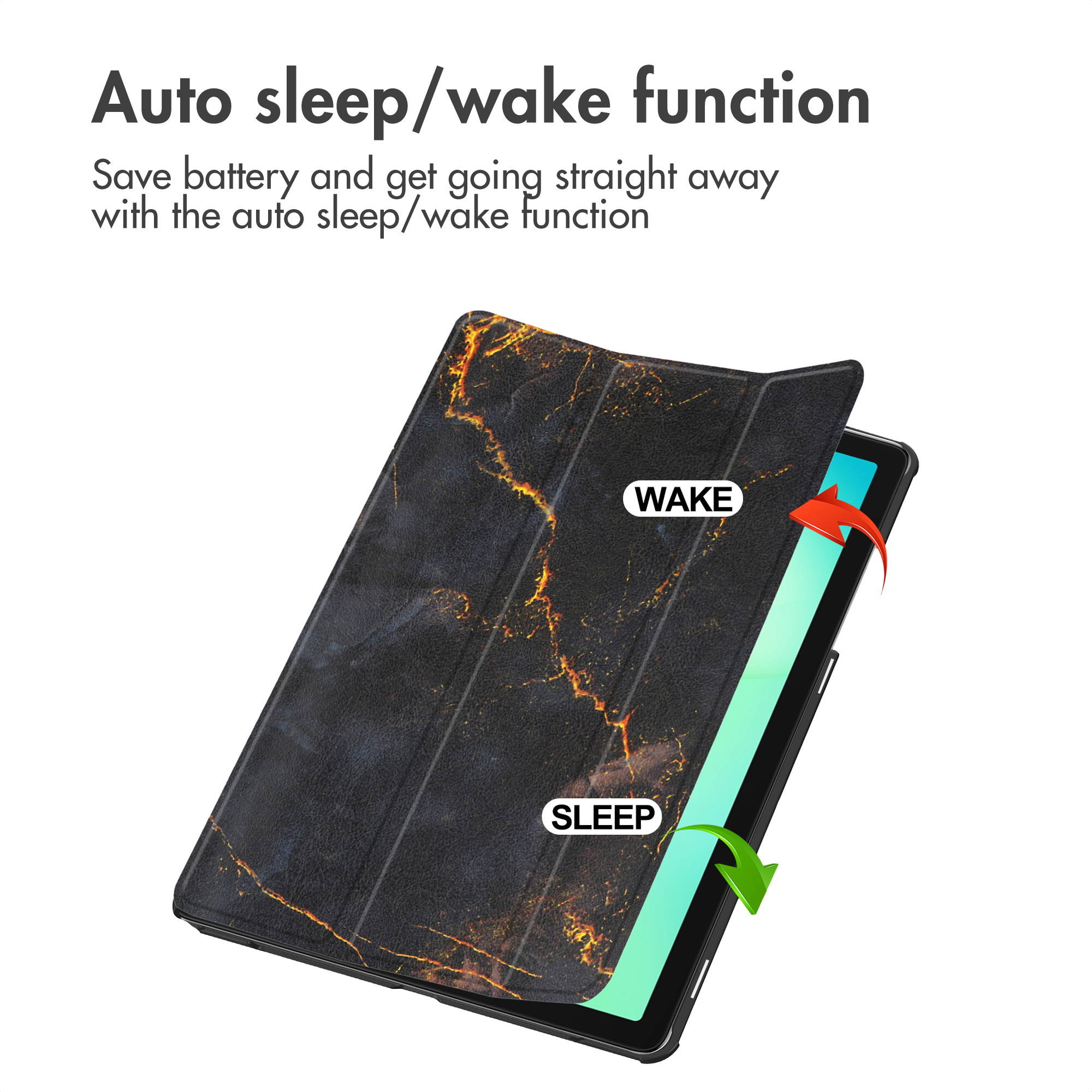 Tablet in marbled case with auto sleep and wake function.