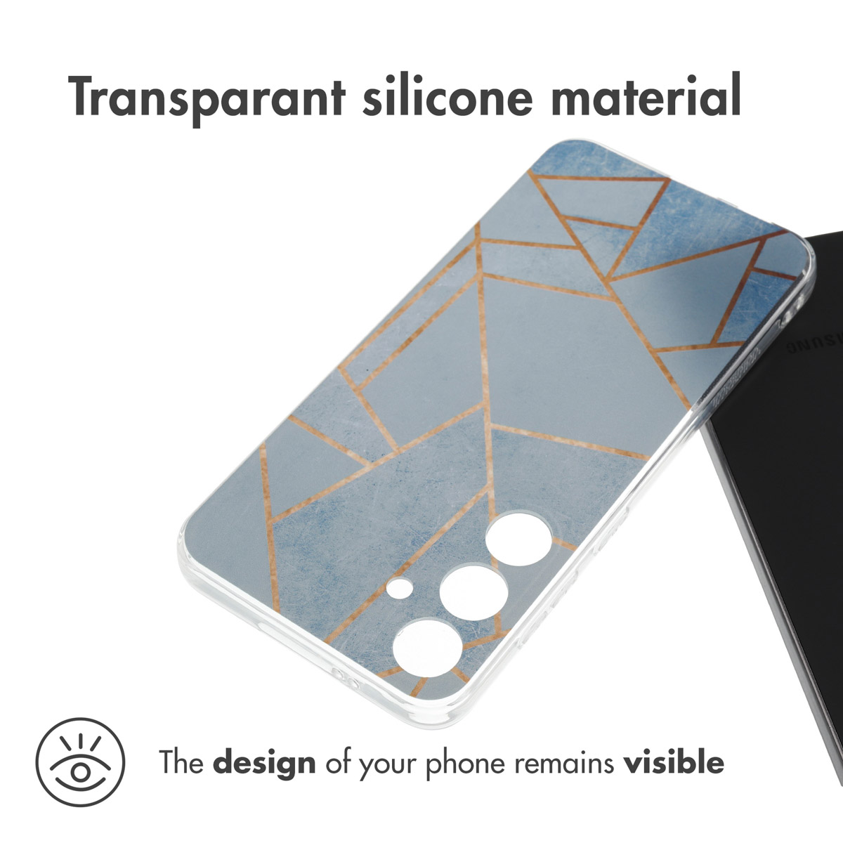 Funda de móvil de silicona transparente con patrón geométrico de líneas doradas.