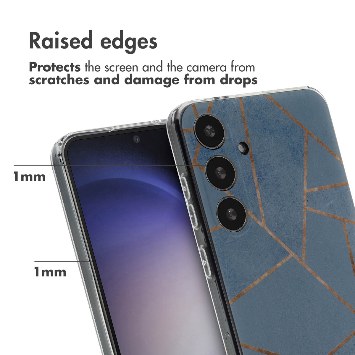 Smartphone en funda transparente con bordes elevados que protegen pantalla y cámara, de 1 mm.