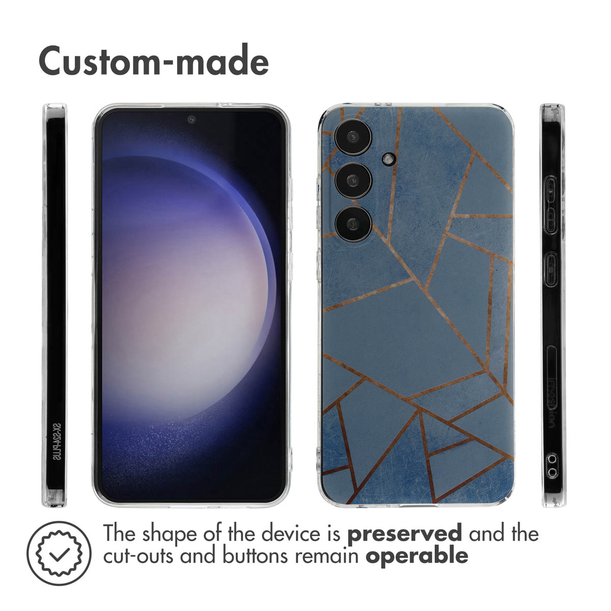 Cuatro vistas de un smartphone con funda geométrica azul y dorada, mostrando botones laterales.