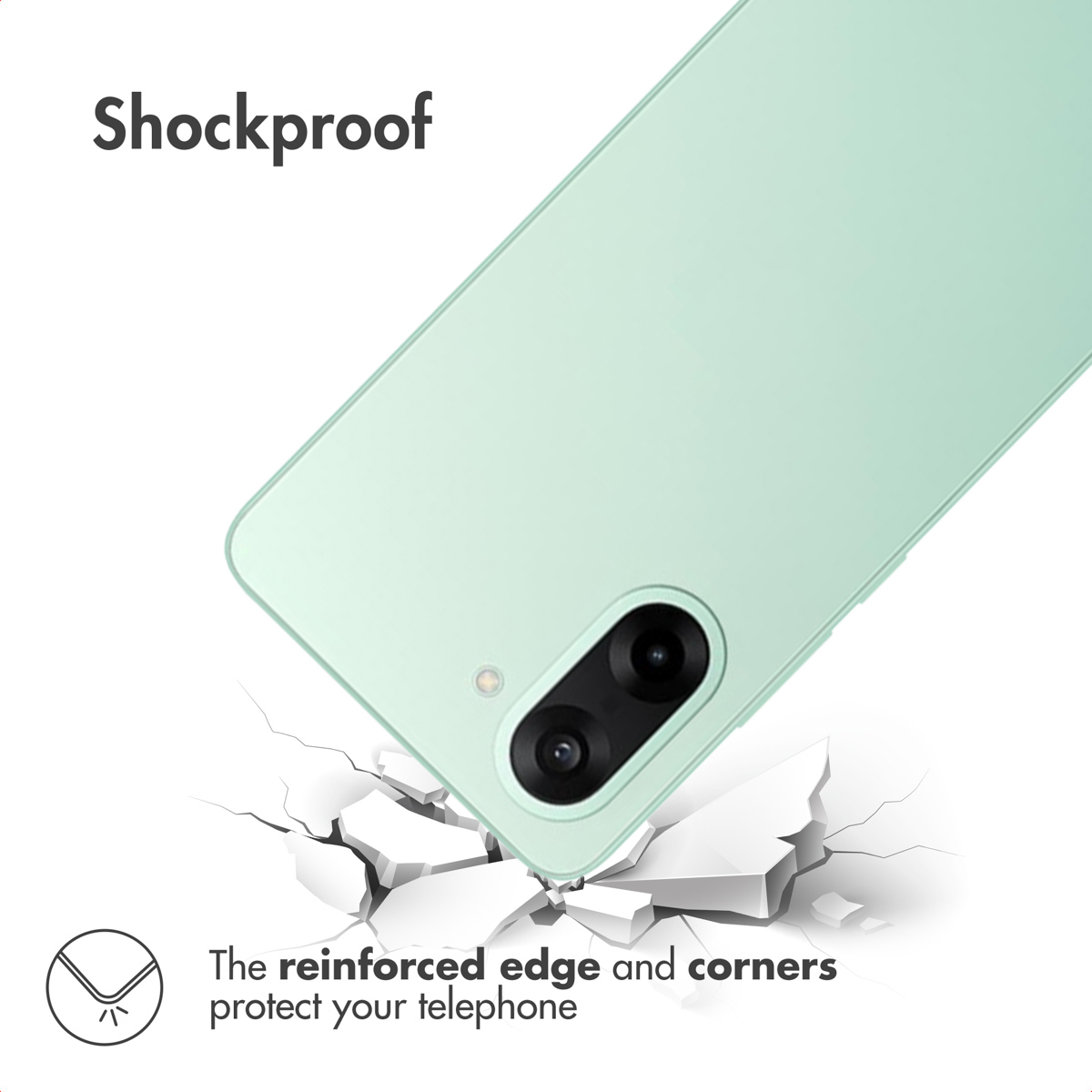 Uno smartphone verde menta con doppia fotocamera su una superficie incrinata, con testo Shockproof.