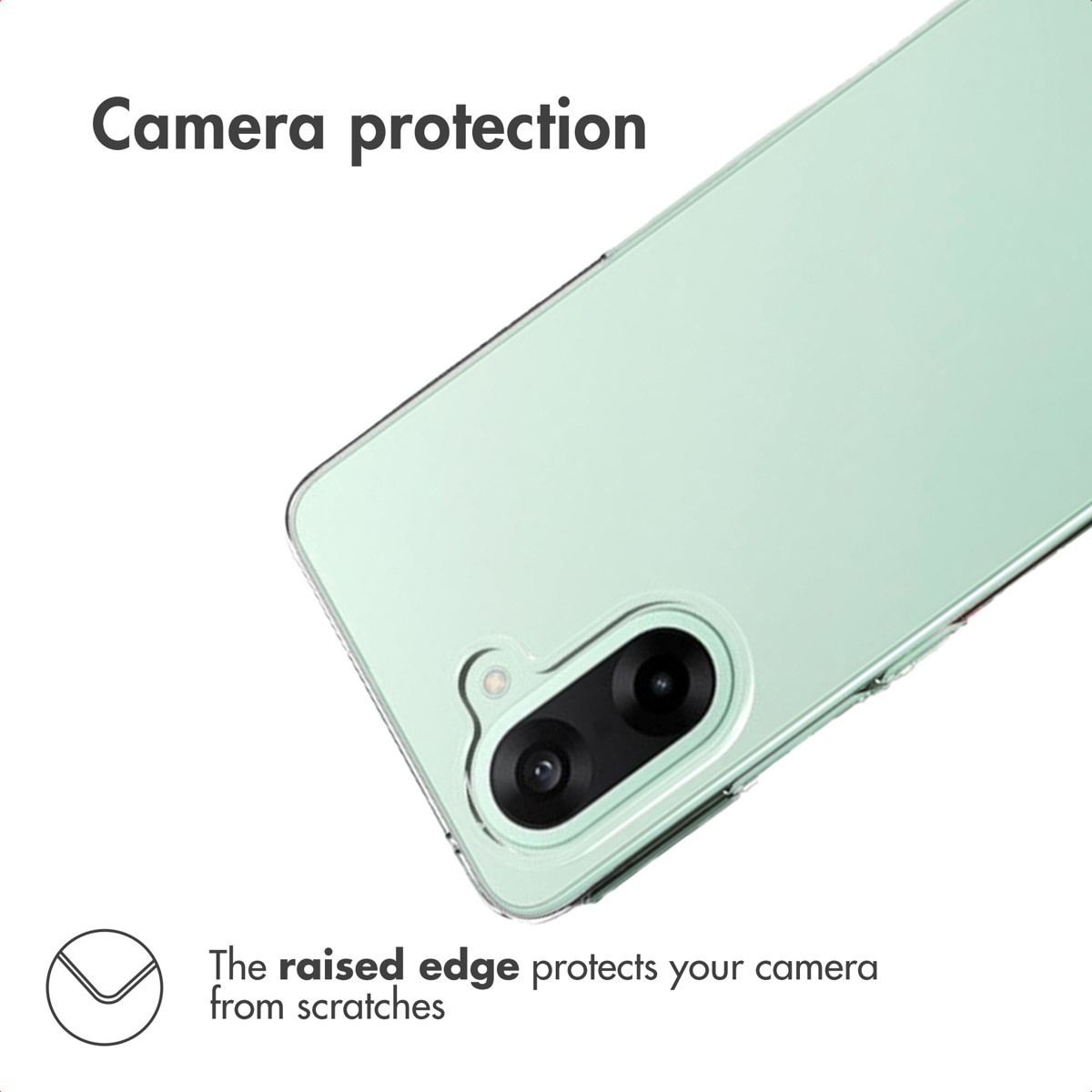 Smartphone verde con modulo fotocamera e testo: Protezione fotocamera, il bordo rialzato protegge.