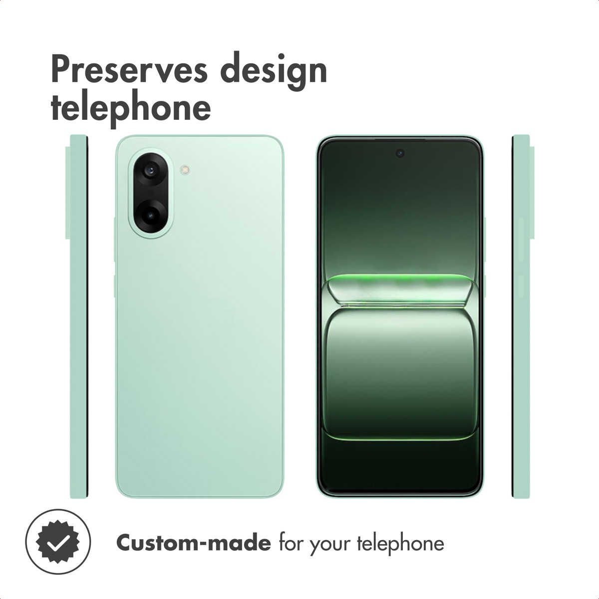 Smartphone verde mostrato da tutti i lati con testo su design e vestibilità.