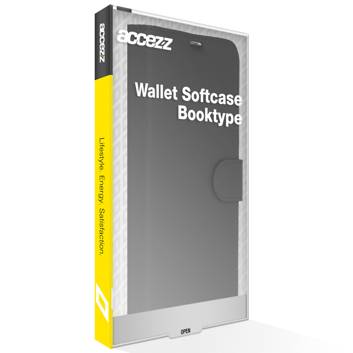 Funda de móvil negra Accezz Wallet Softcase Booktype en un embalaje blanco y amarillo.