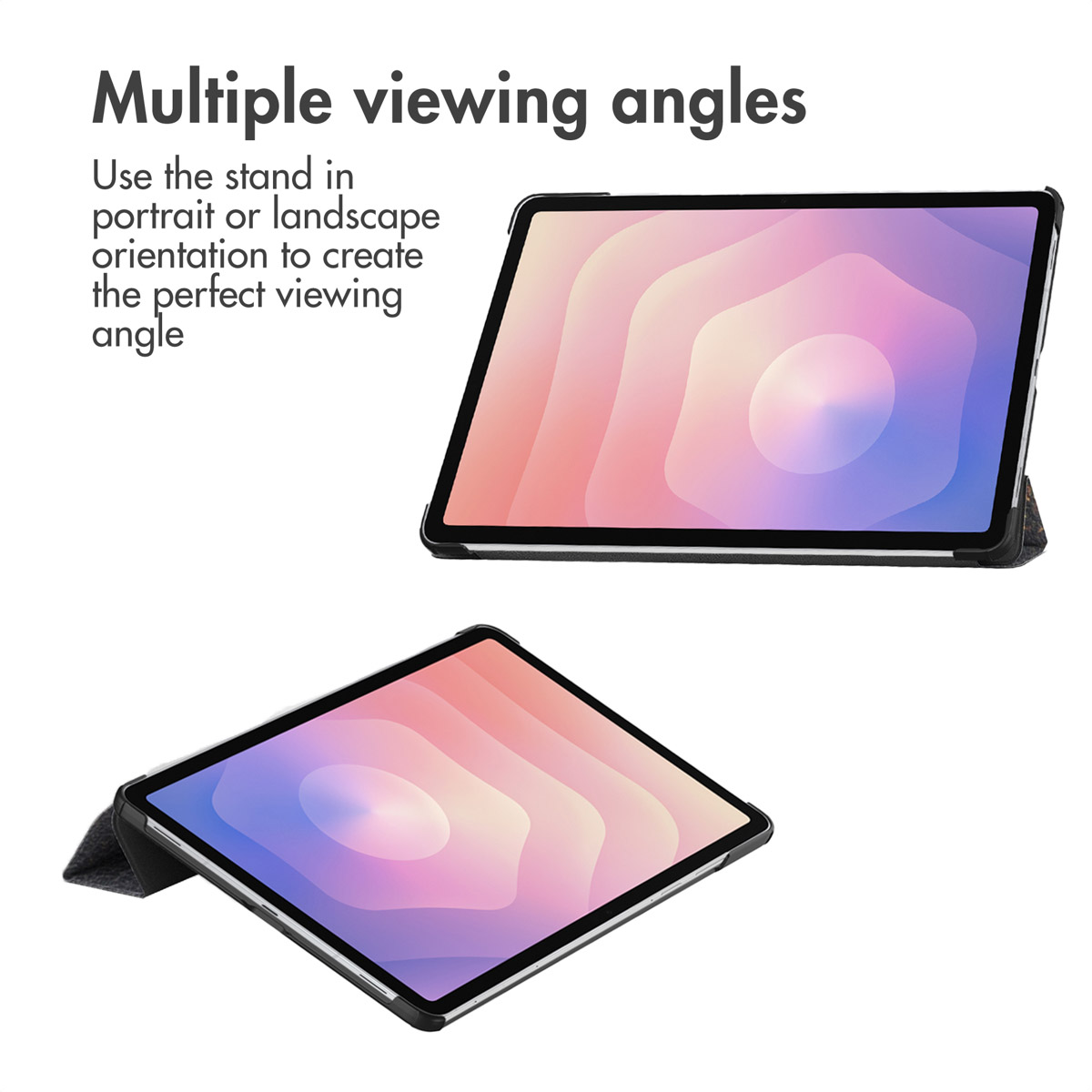 A tablet in a protective case is shown at different angles to demonstrate multiple viewing positions.