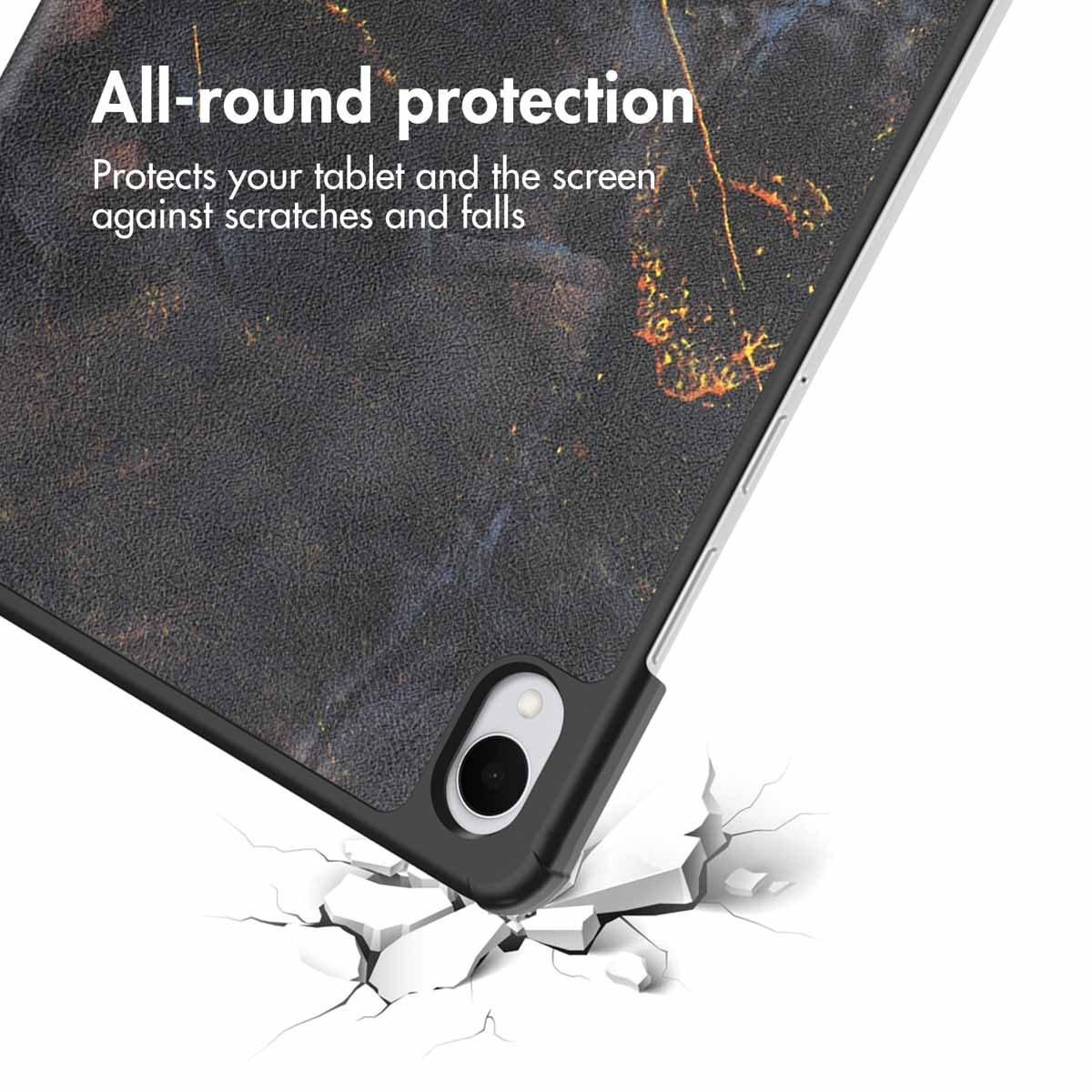 A tablet with a black marble case dropping onto a cracked white surface with text about all-round protection.
