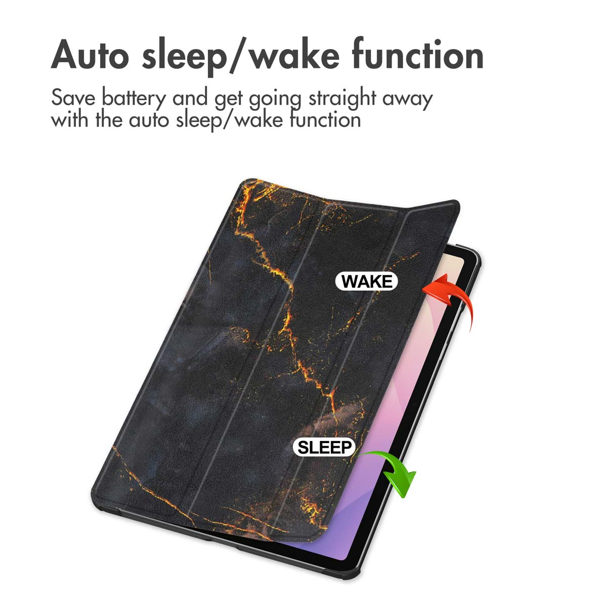 Tablet in black marble pattern case showing auto sleep and wake function with arrows.